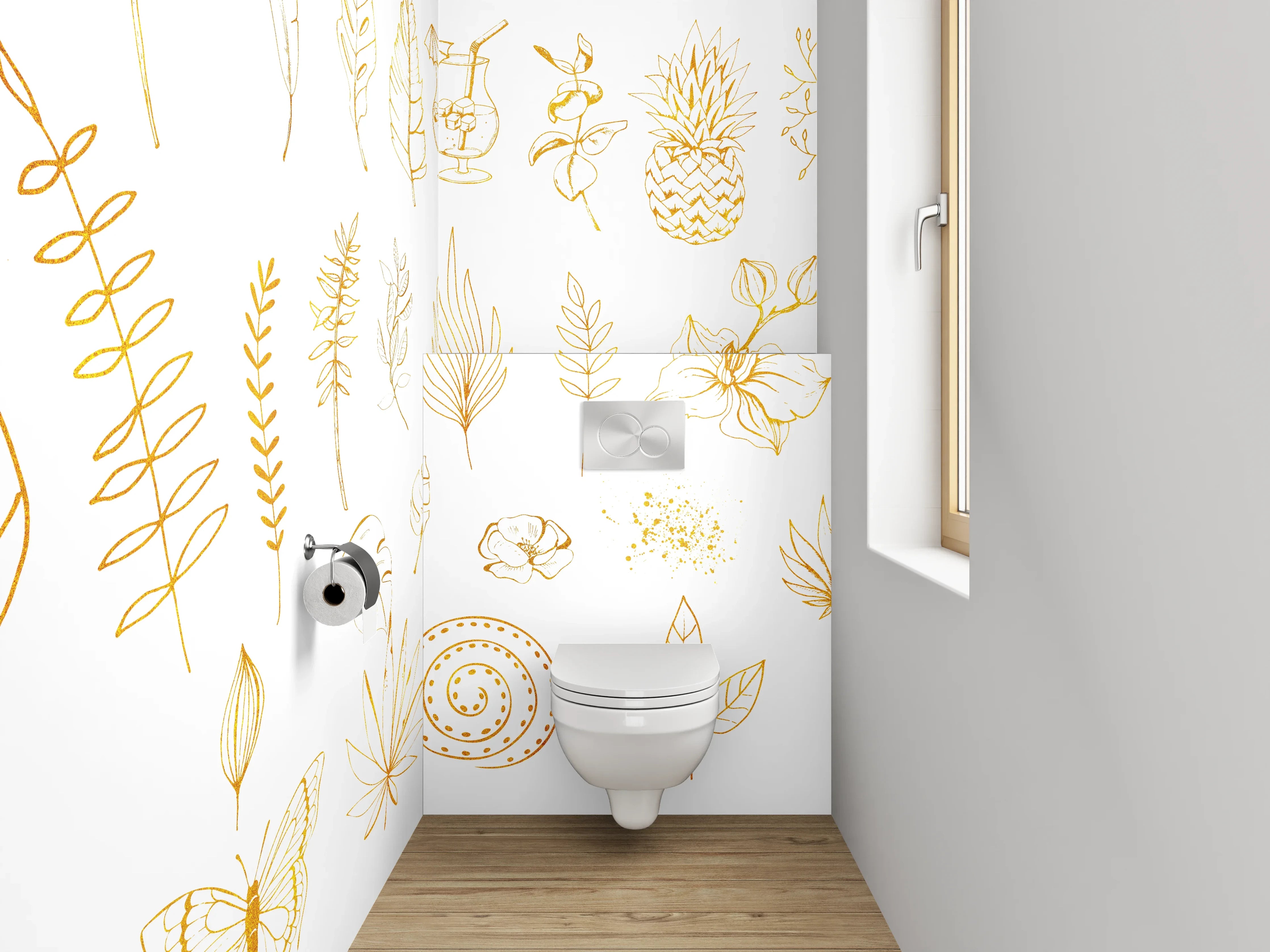 WC-Rückwand - Goldene botanische Lineart exotisch