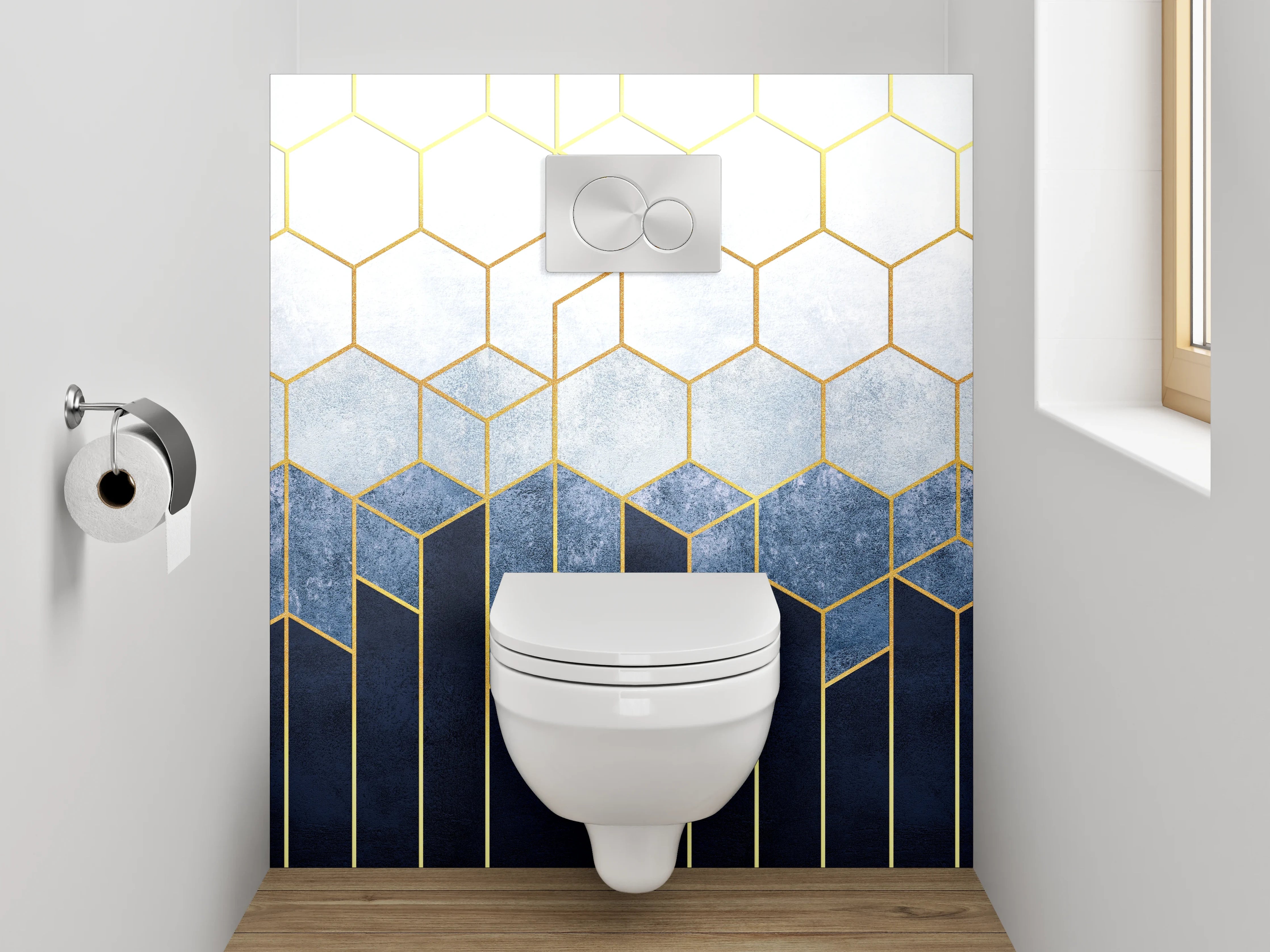 WC-Rückwand - Goldene geometrische Kunst auf Blau-Weiß