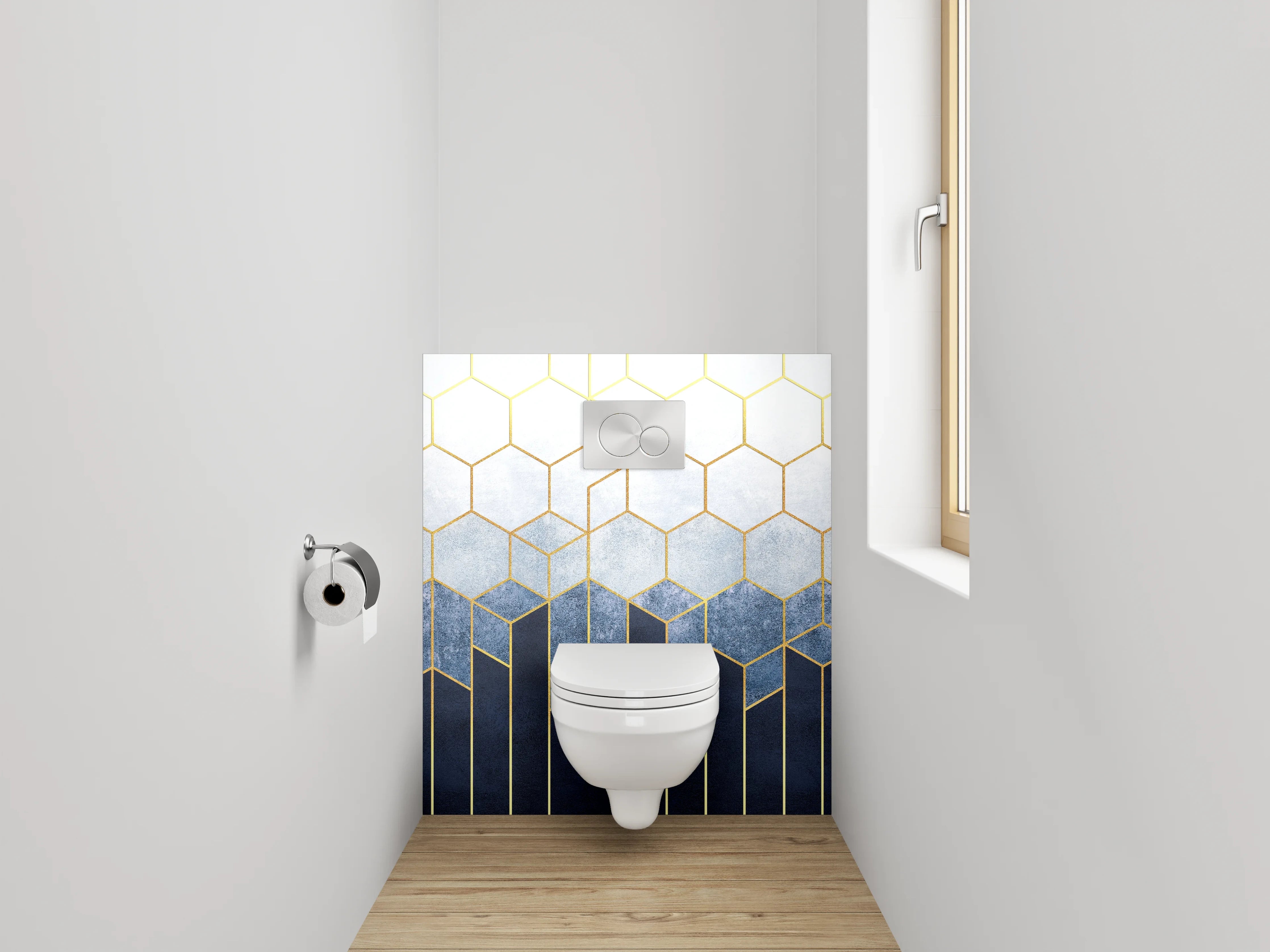 WC-Rückwand - Goldene geometrische Kunst auf Blau-Weiß