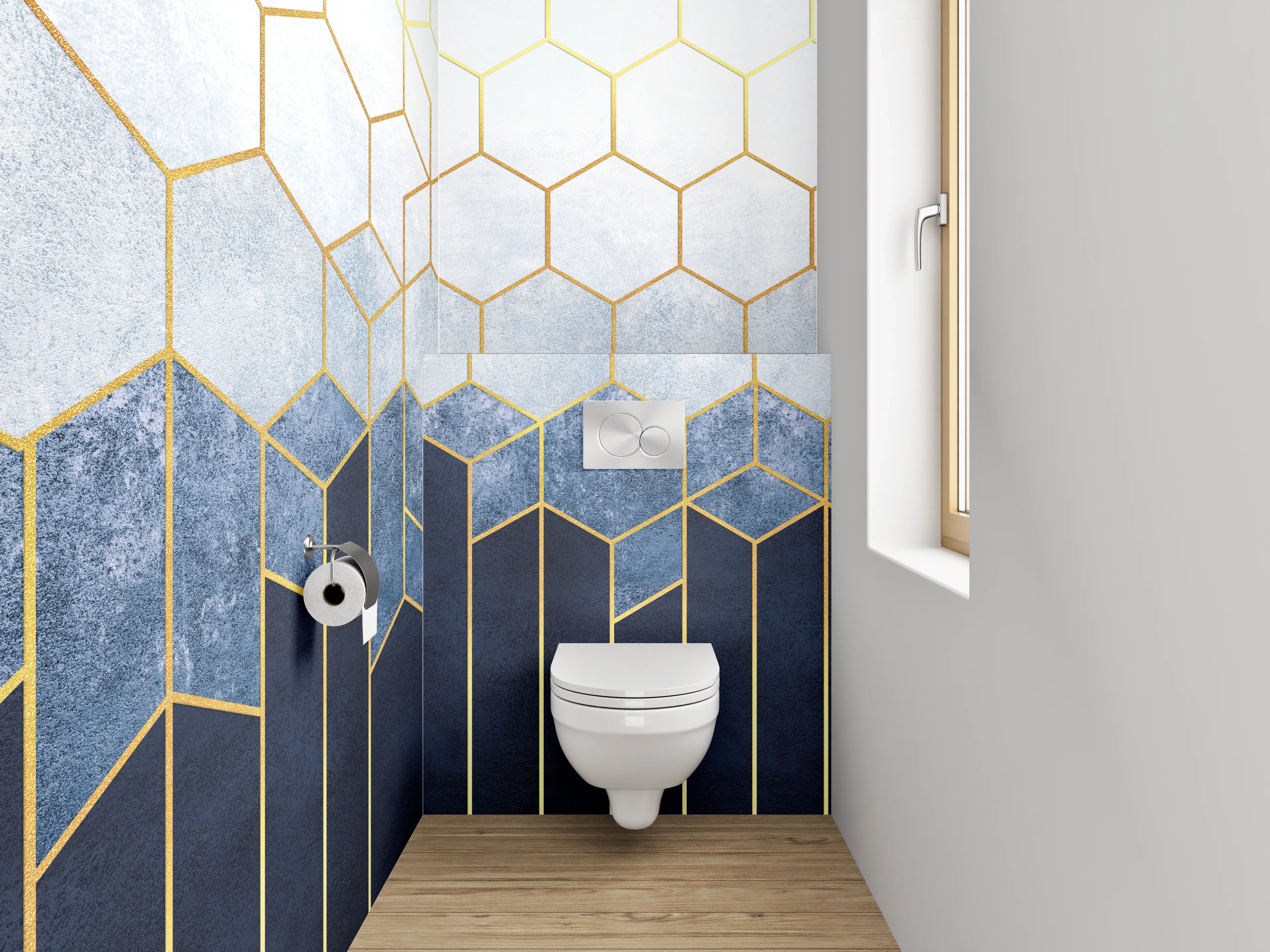 WC-Rückwand - Goldene geometrische Kunst auf Blau-Weiß
