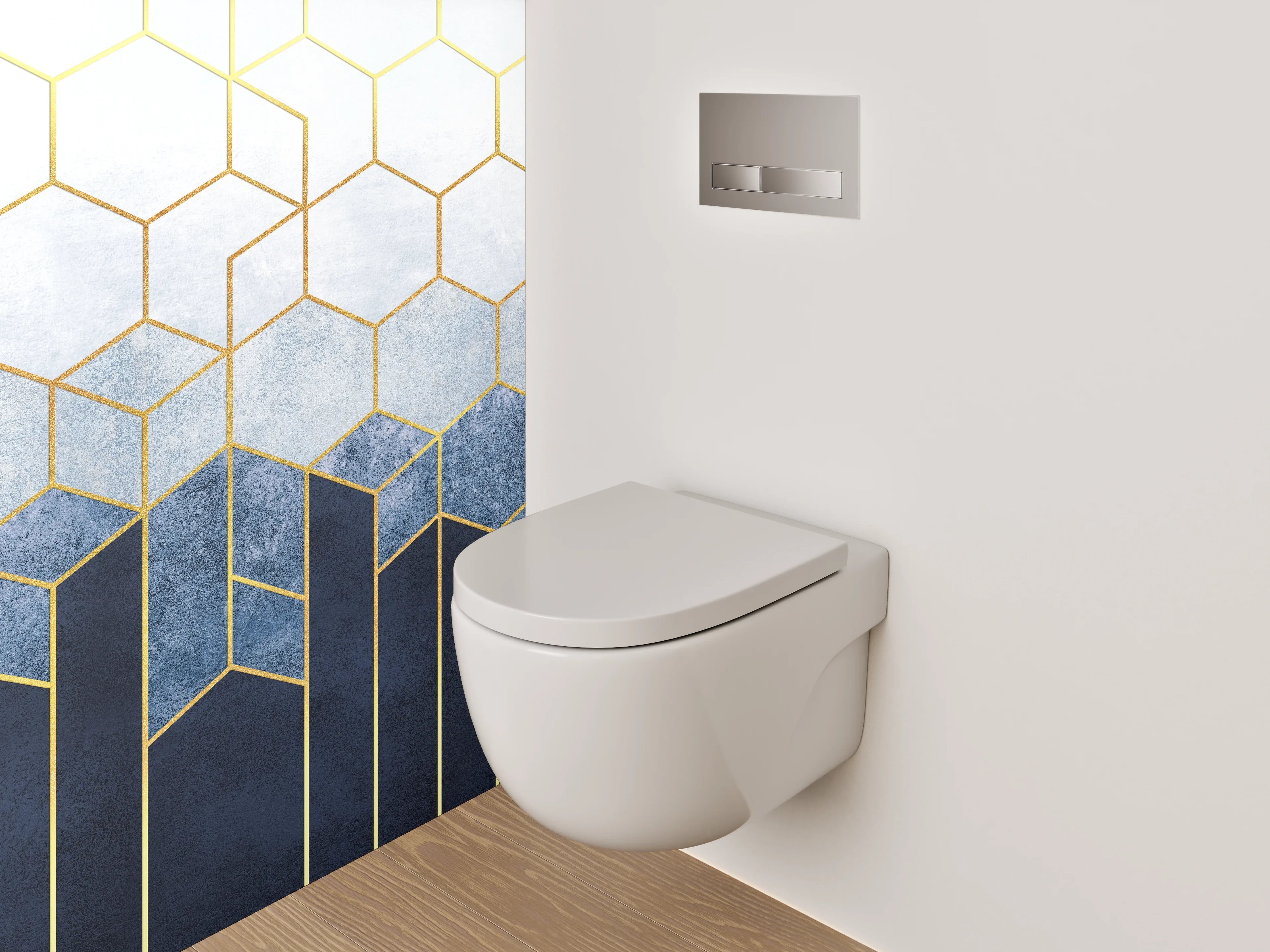 WC-Rückwand - Goldene geometrische Kunst auf Blau-Weiß