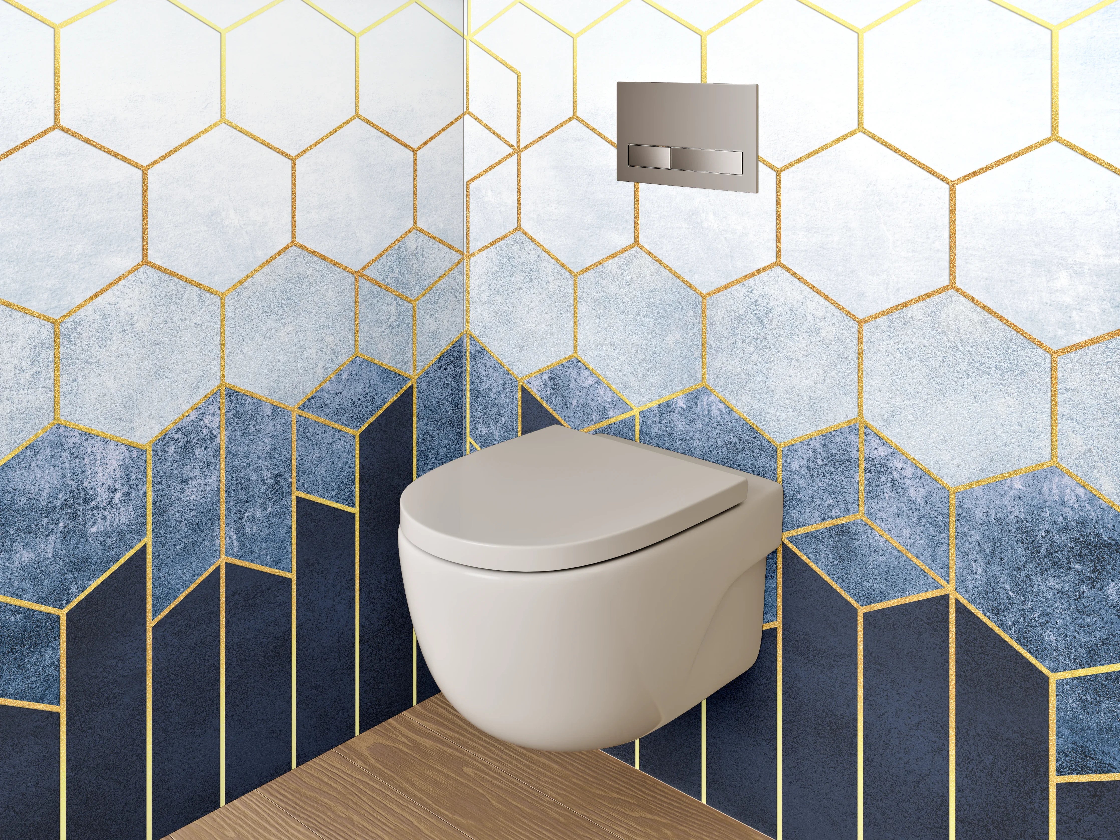 WC-Rückwand - Goldene geometrische Kunst auf Blau-Weiß