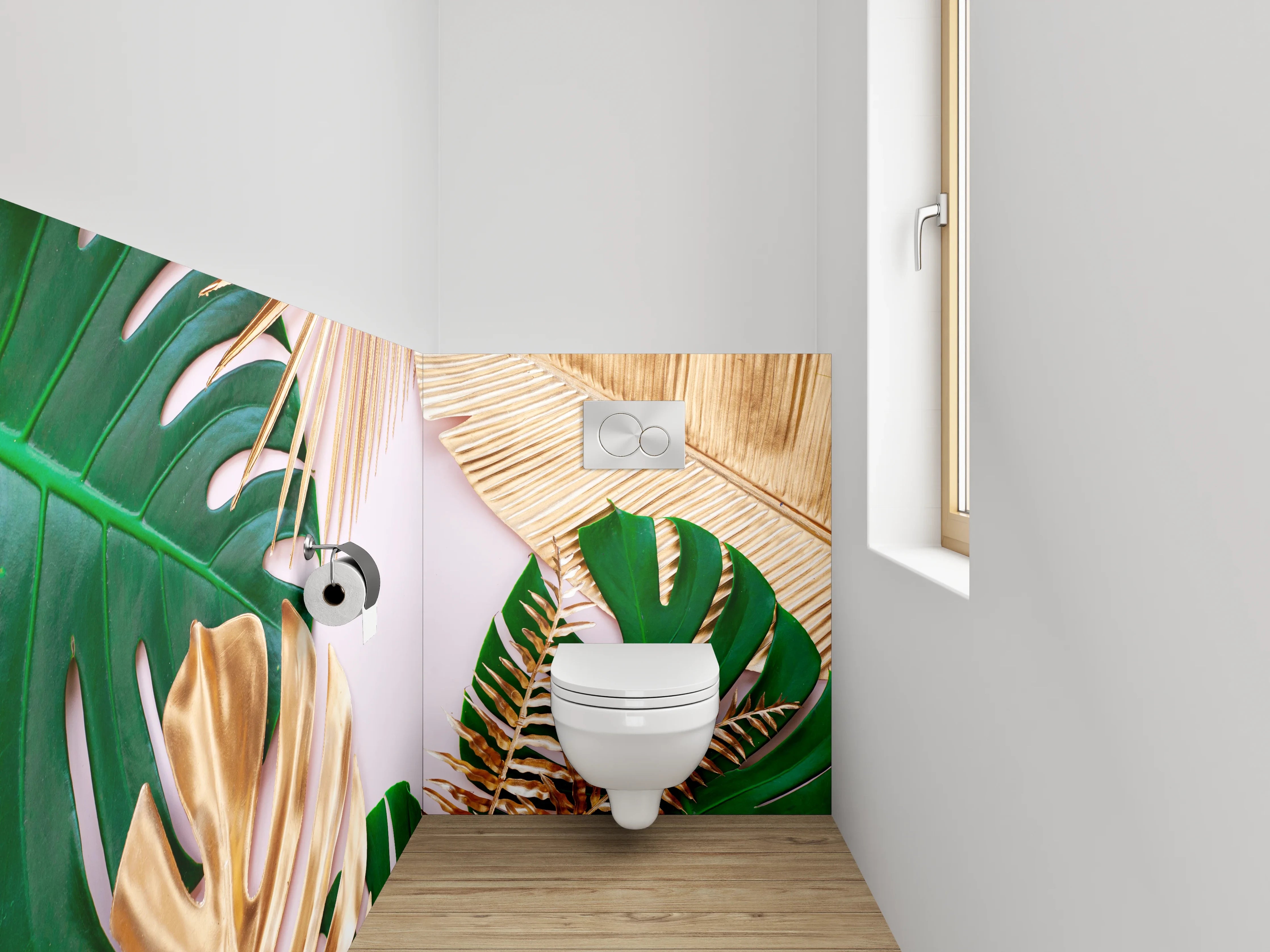 WC-Rückwand - Goldene und grüne tropische Blätter