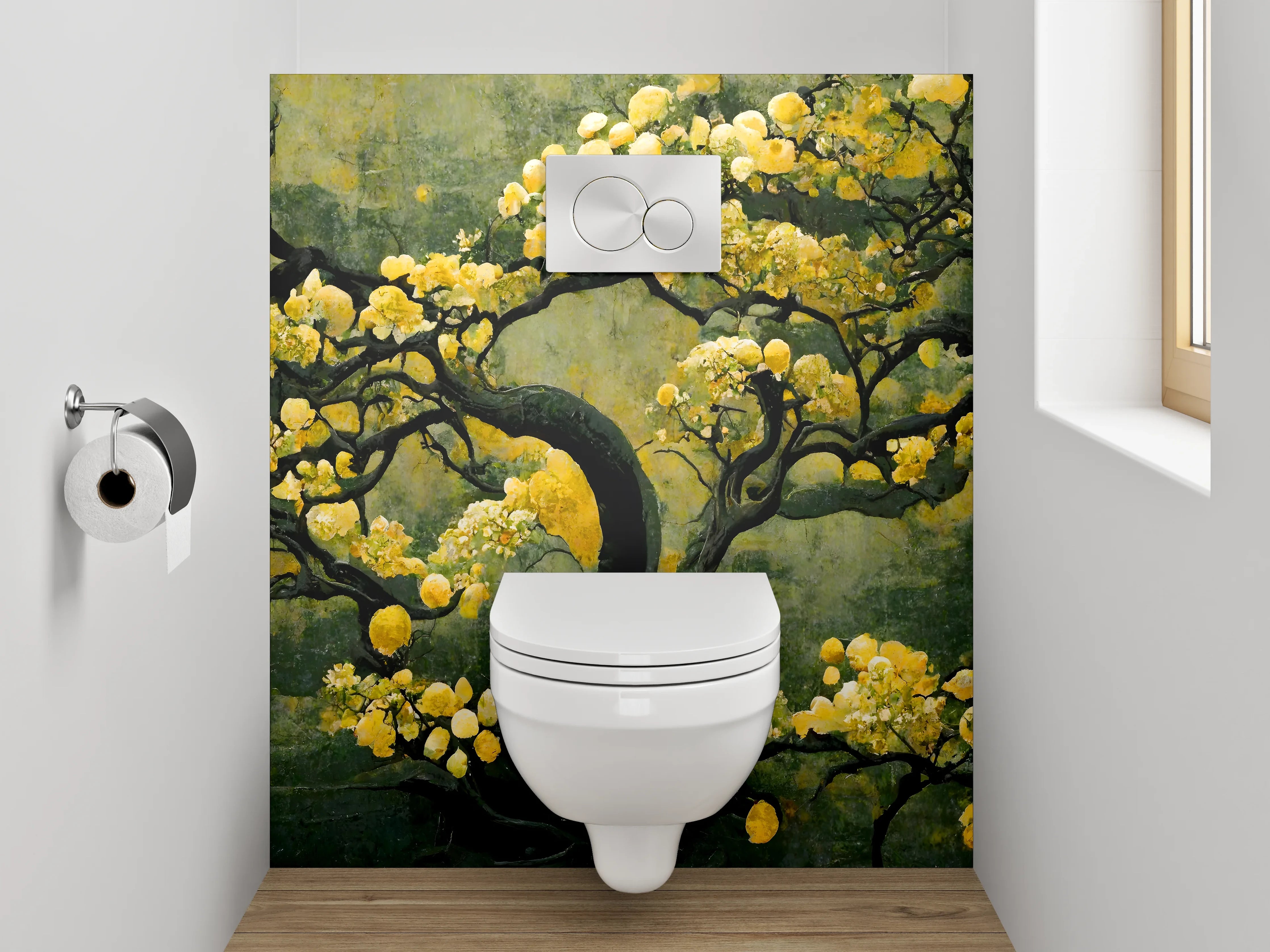WC-Rückwand - Goldener Baum Aquarell auf dunklem Grund