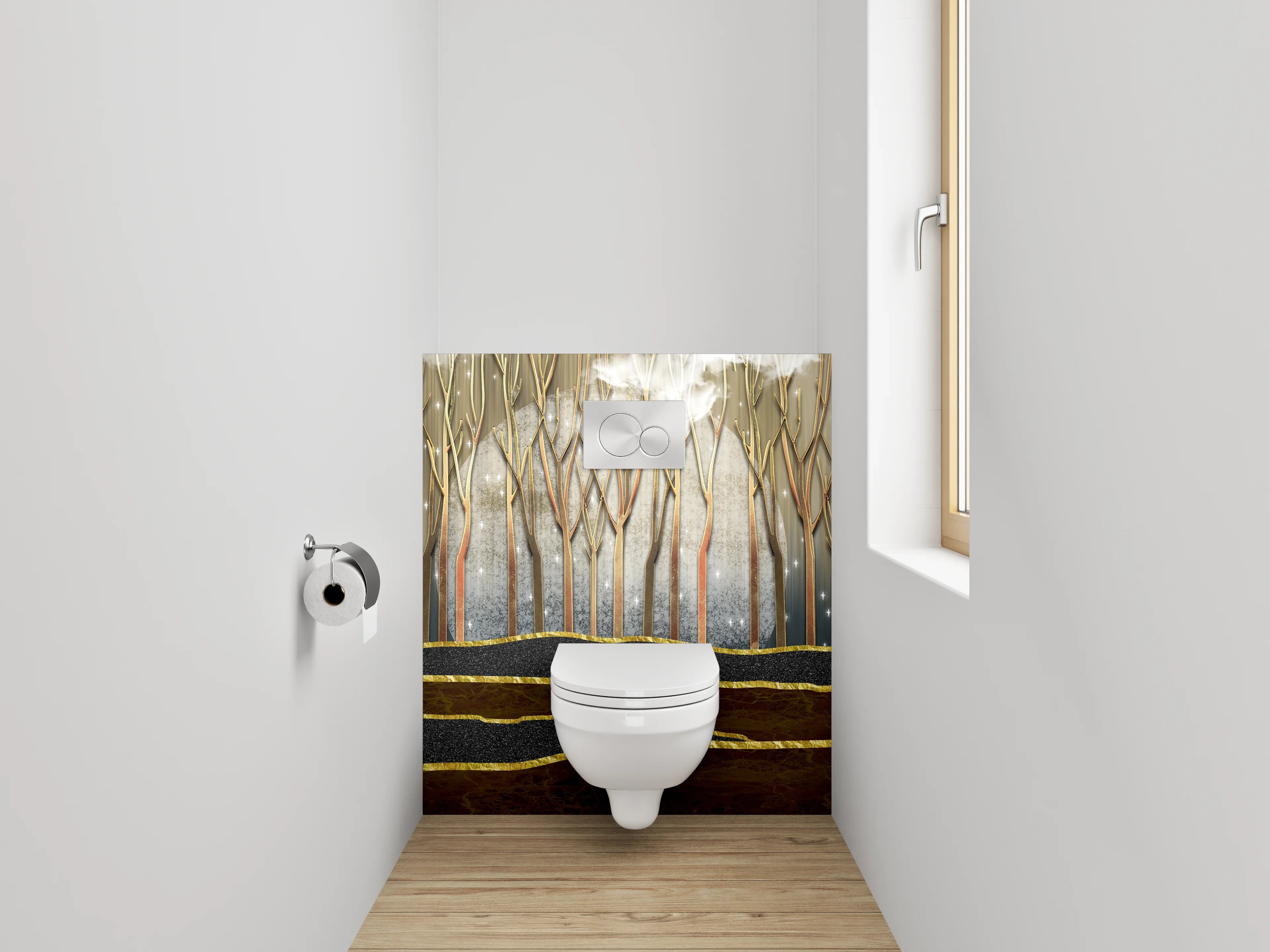 WC-Rückwand - Goldener Nebelwald – Modernes Abstract-Design