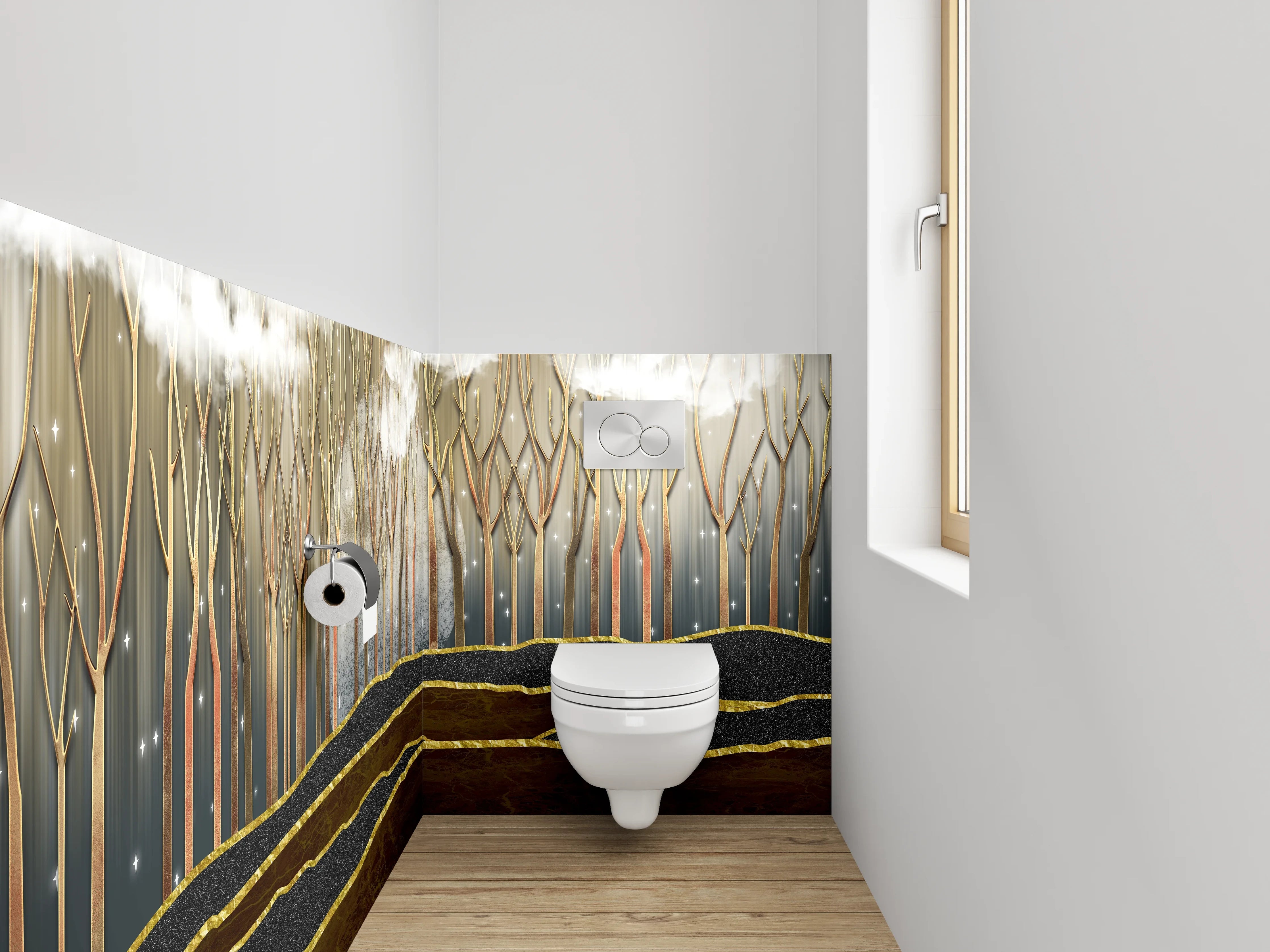 WC-Rückwand - Goldener Nebelwald – Modernes Abstract-Design