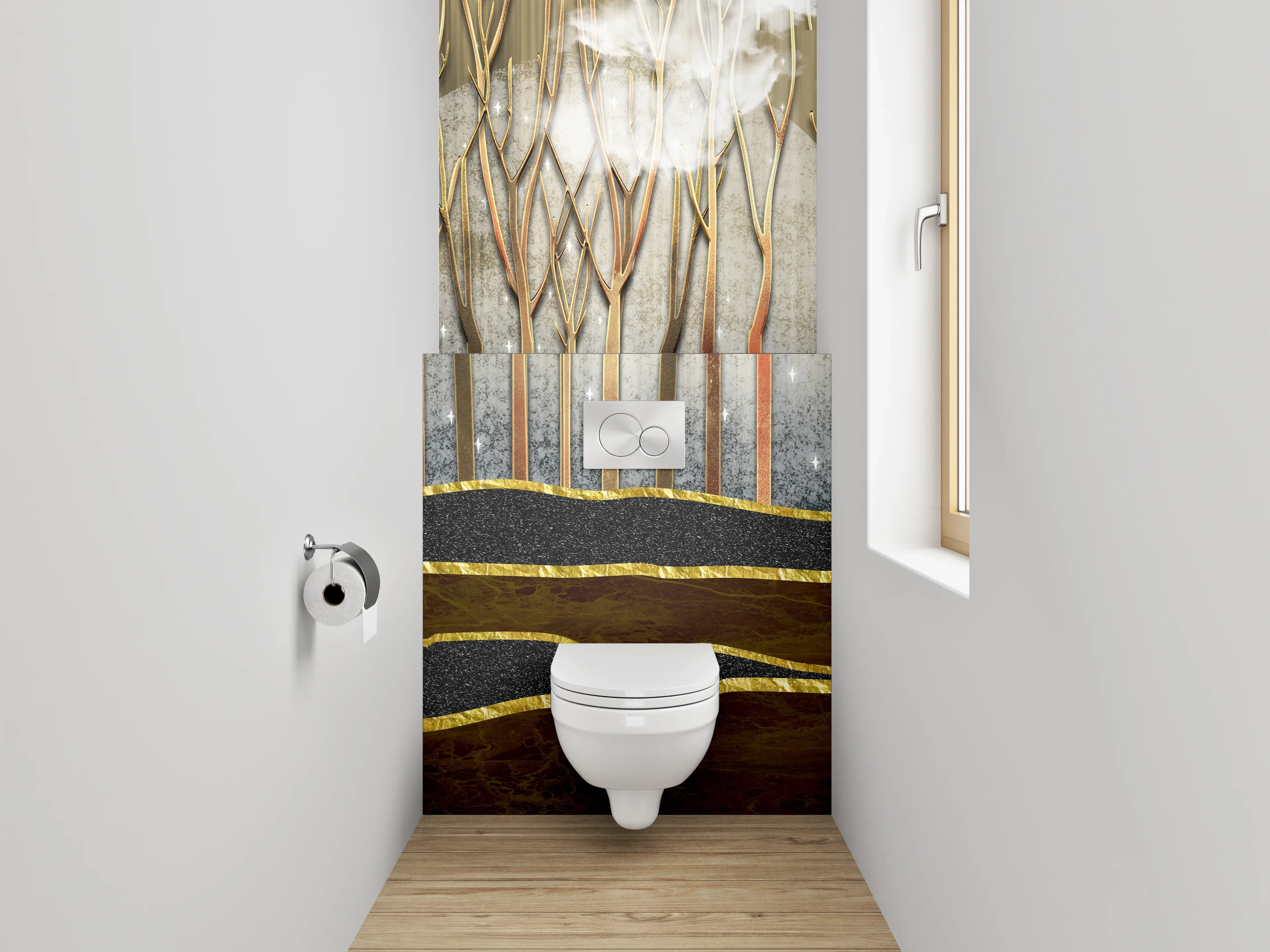 WC-Rückwand - Goldener Nebelwald – Modernes Abstract-Design