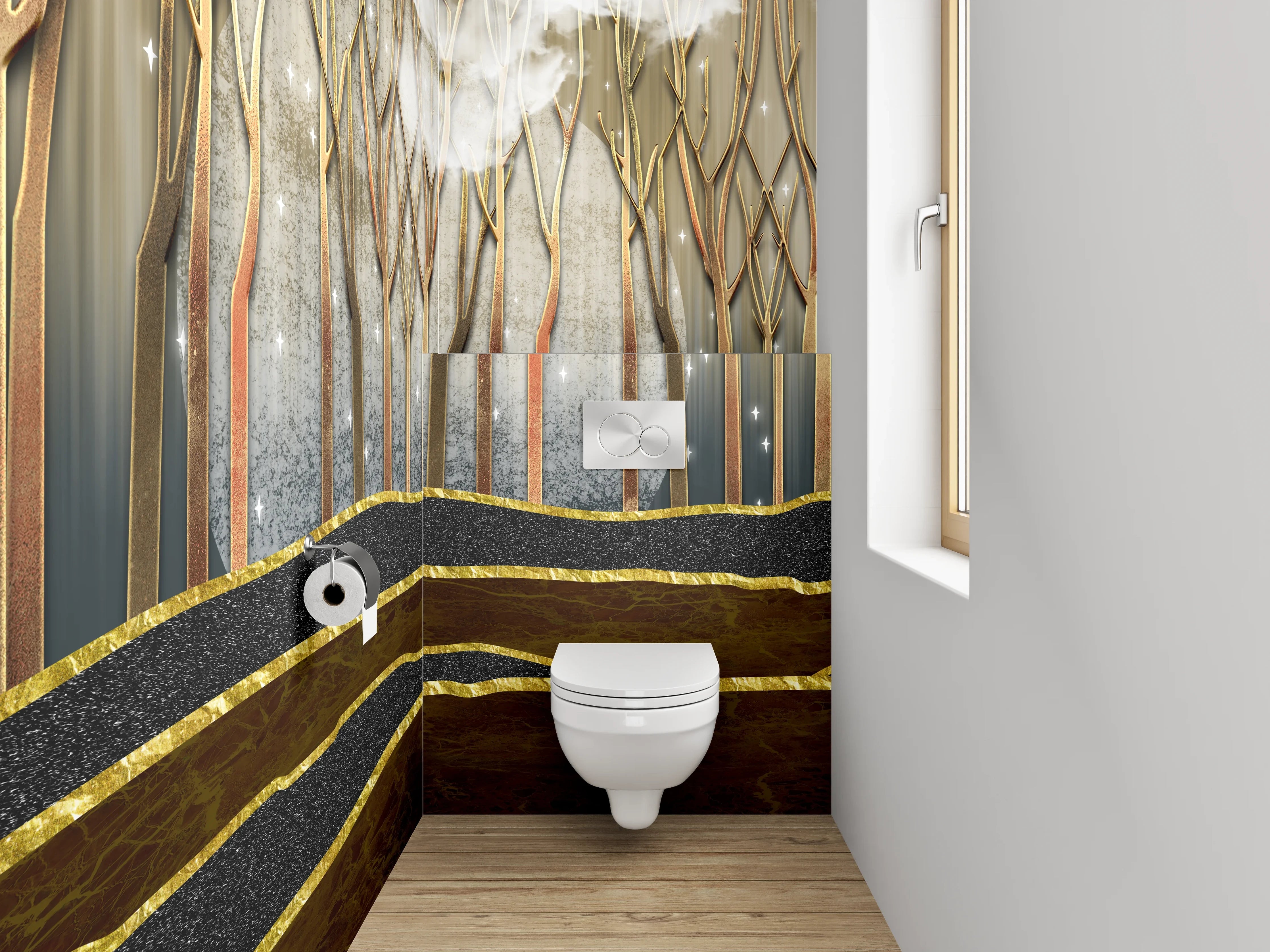 WC-Rückwand - Goldener Nebelwald – Modernes Abstract-Design