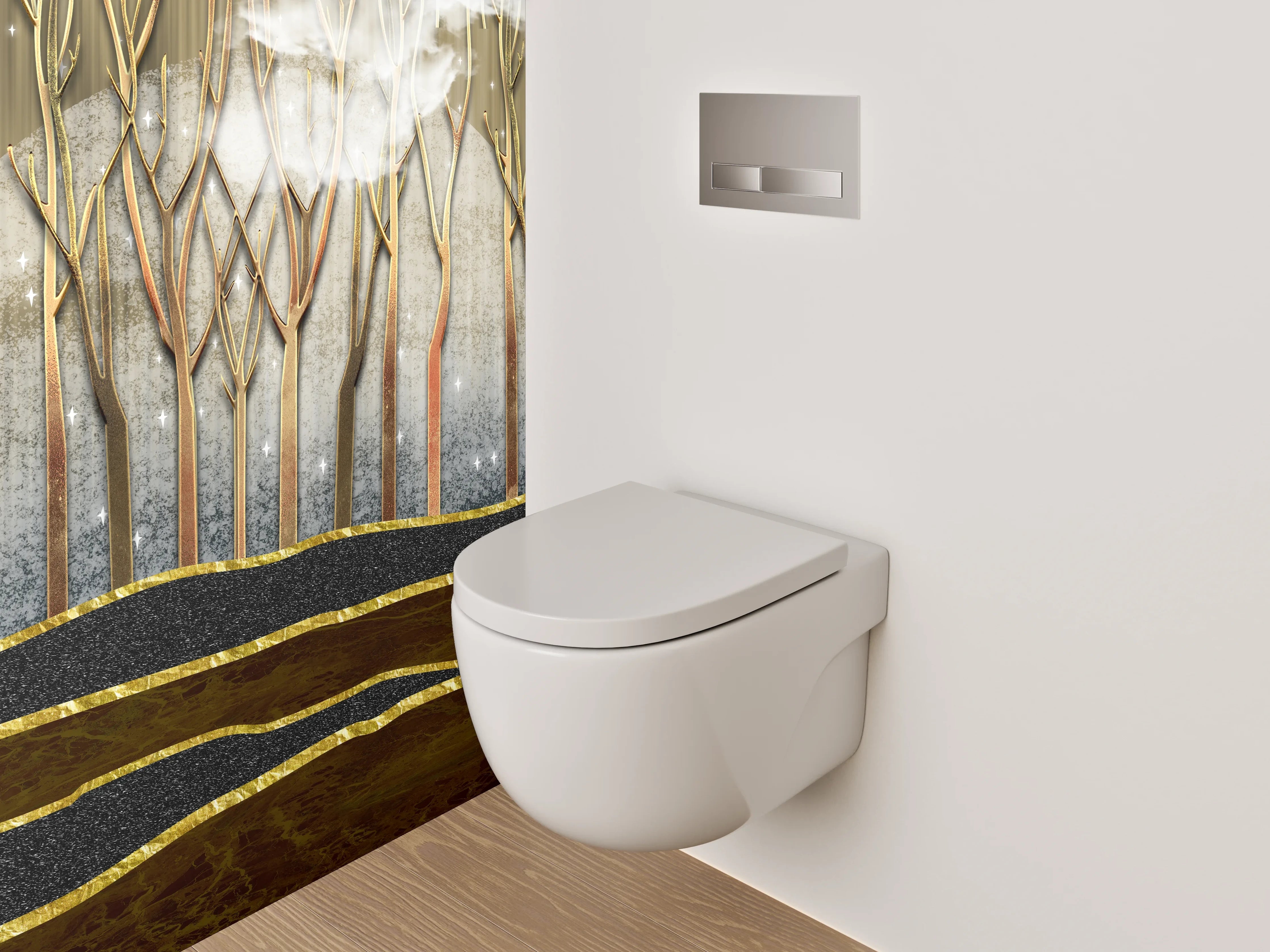 WC-Rückwand - Goldener Nebelwald – Modernes Abstract-Design