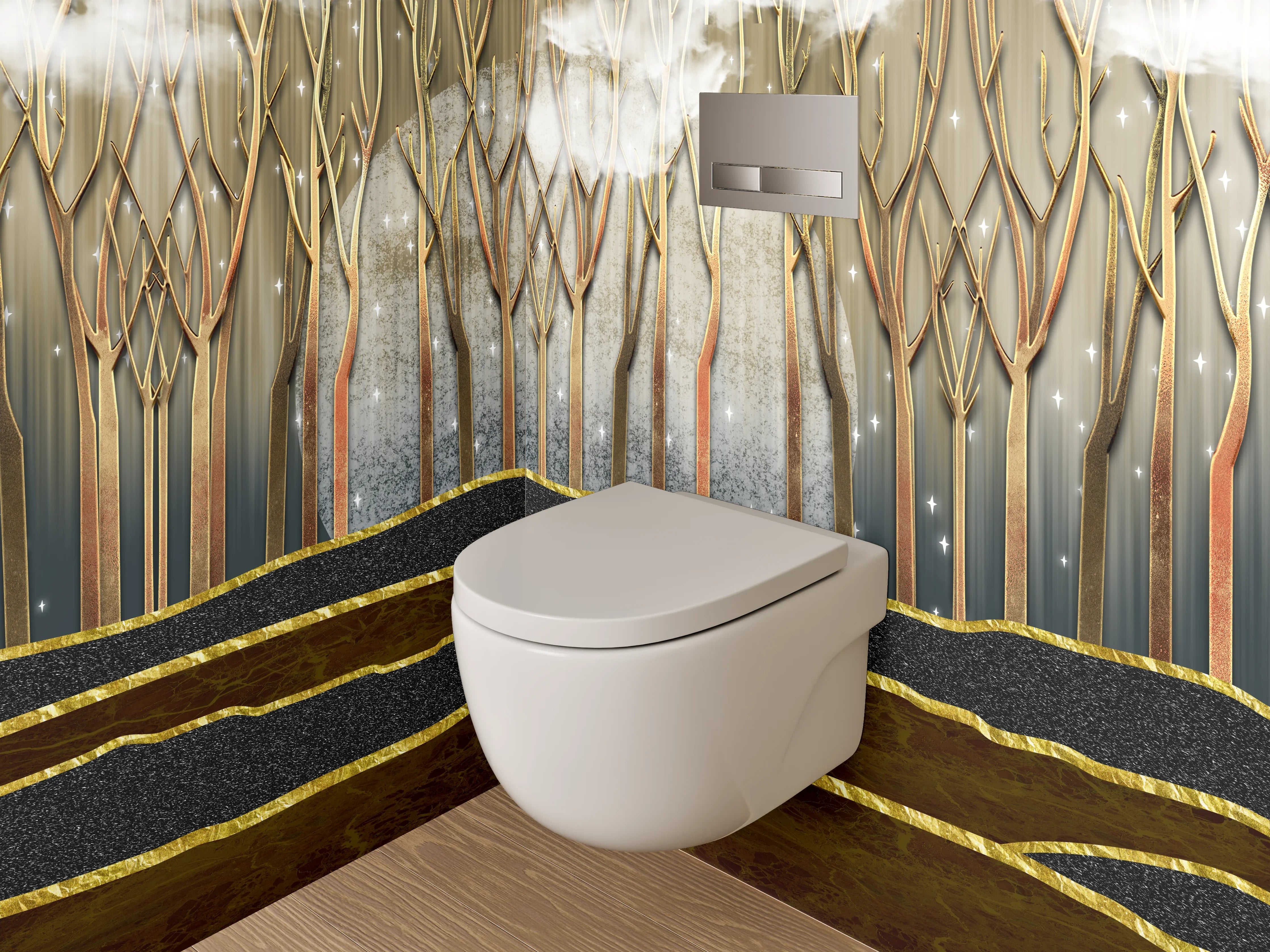 WC-Rückwand - Goldener Nebelwald – Modernes Abstract-Design