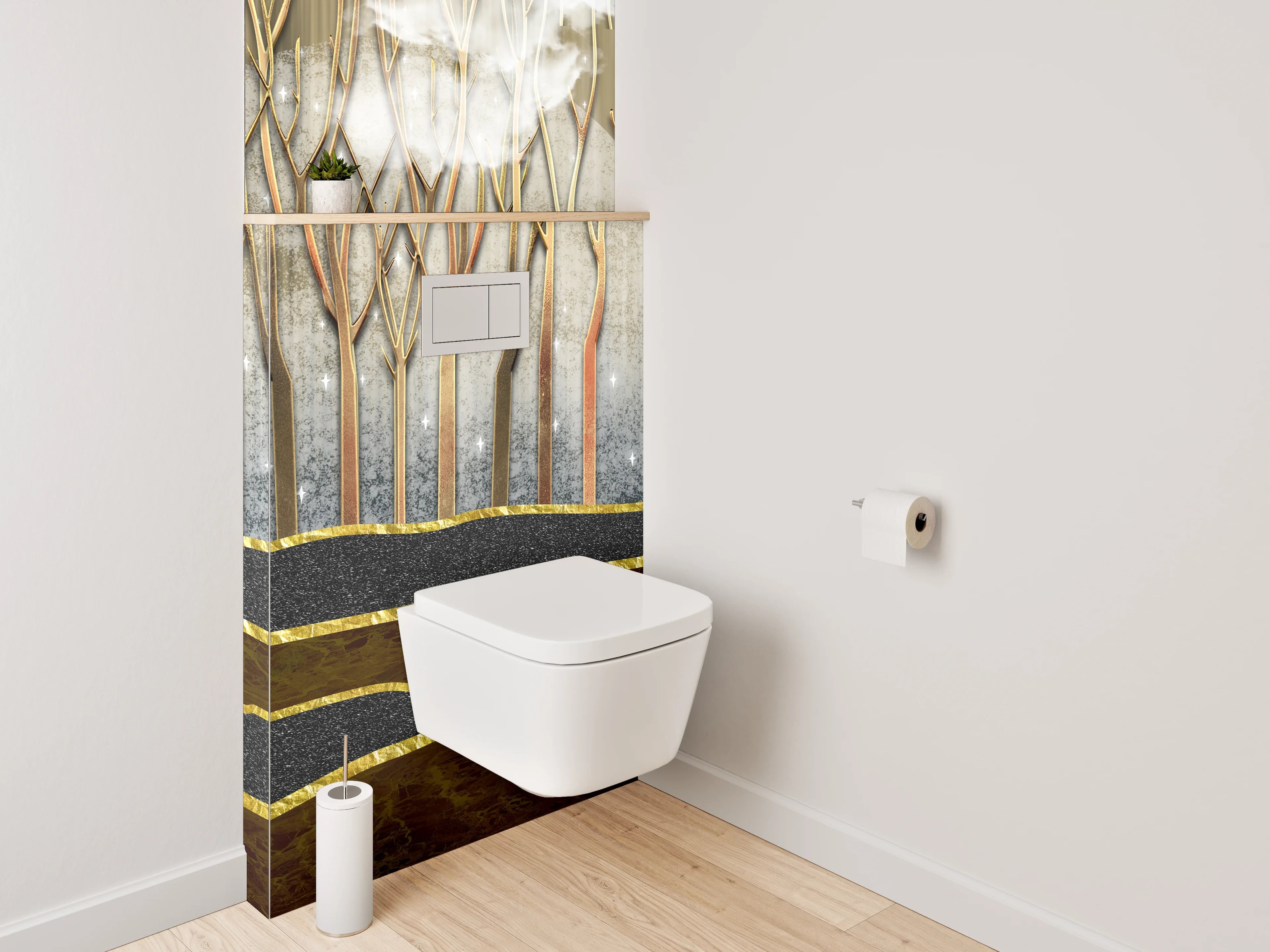 WC-Rückwand - Goldener Nebelwald – Modernes Abstract-Design