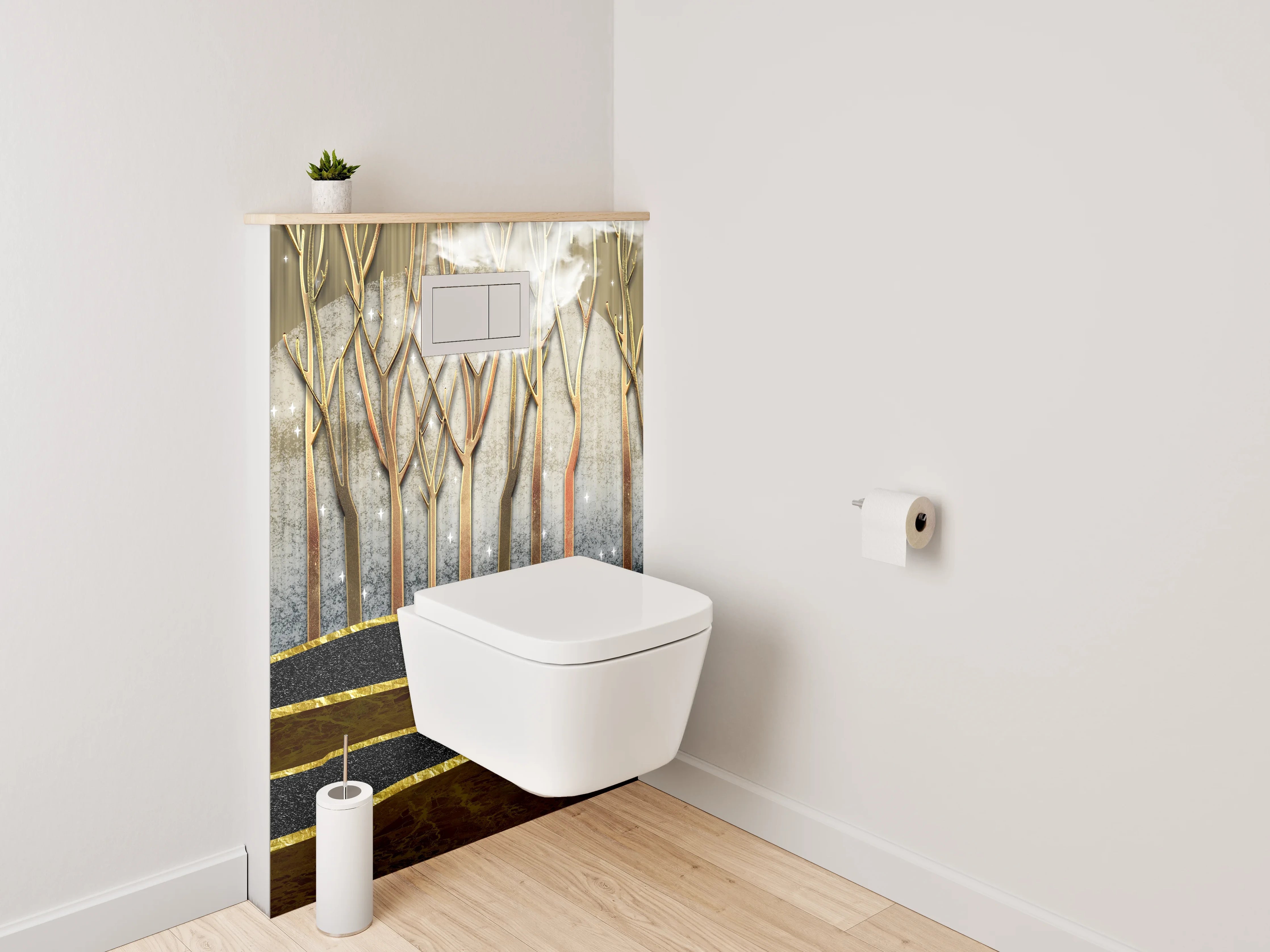 WC-Rückwand - Goldener Nebelwald – Modernes Abstract-Design