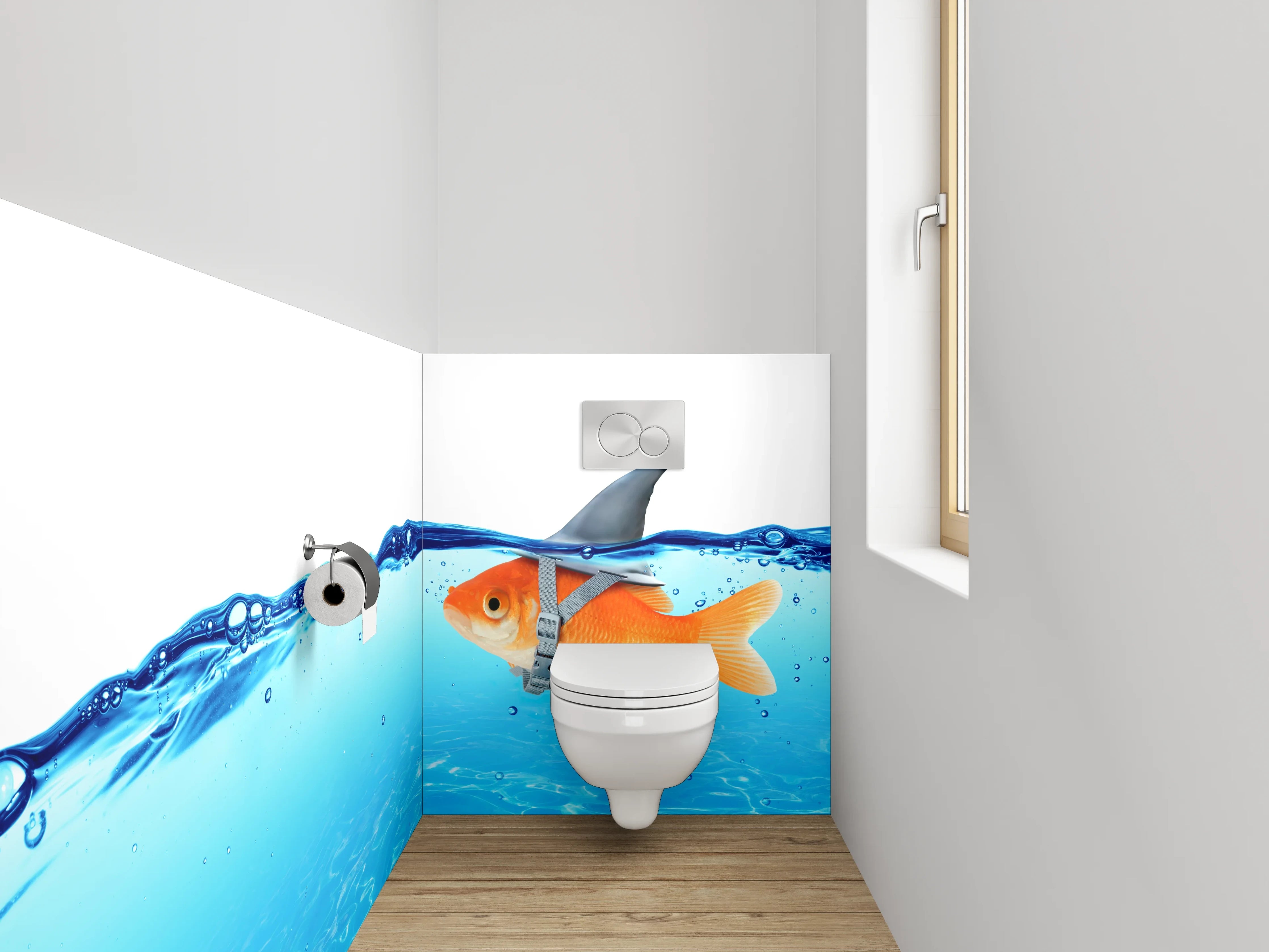 WC-Rückwand - Goldfisch mit Haifischflosse im Wasser