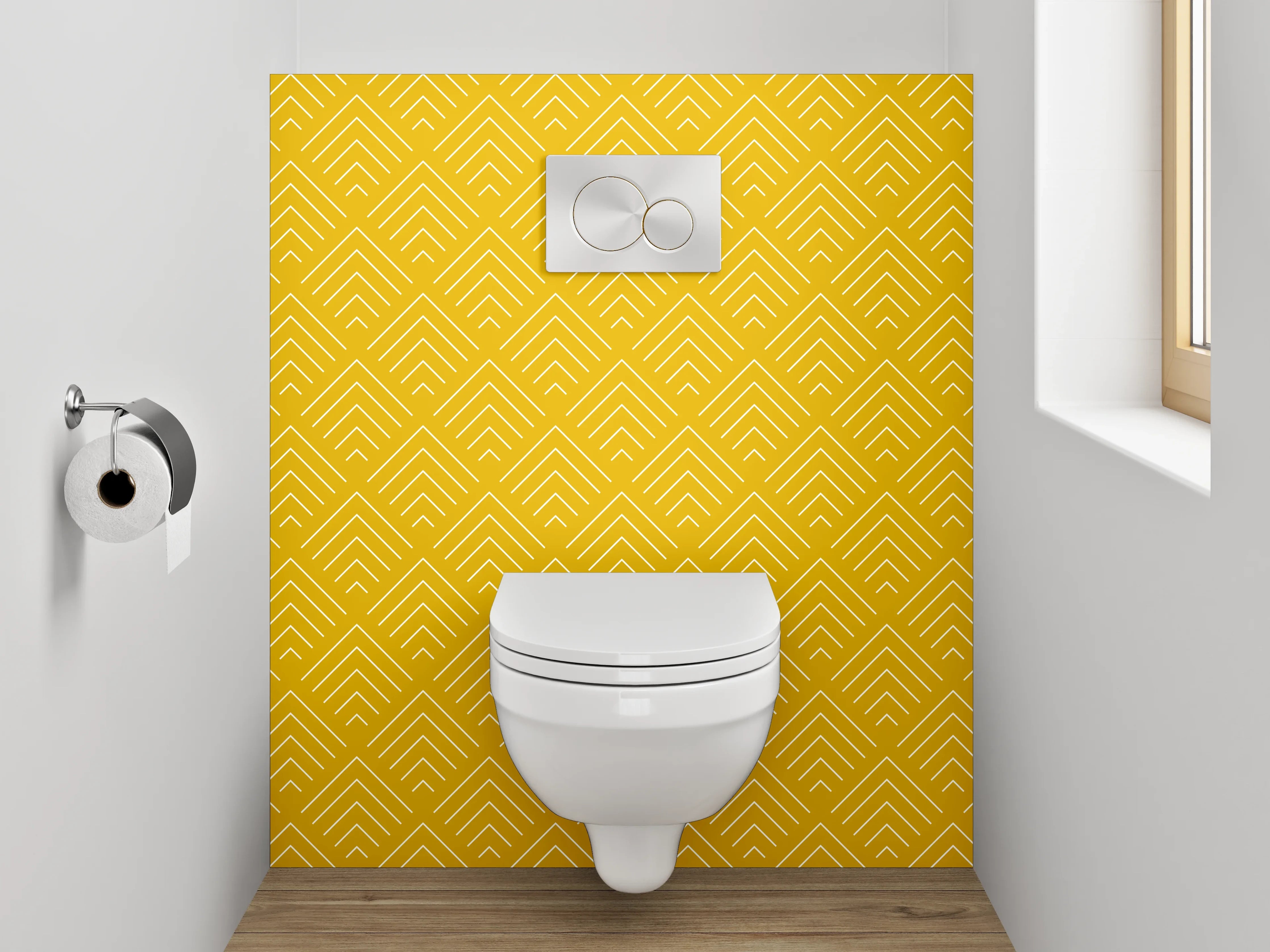 WC-Rückwand - Grafisches Retro-Design in Gelb und Grau