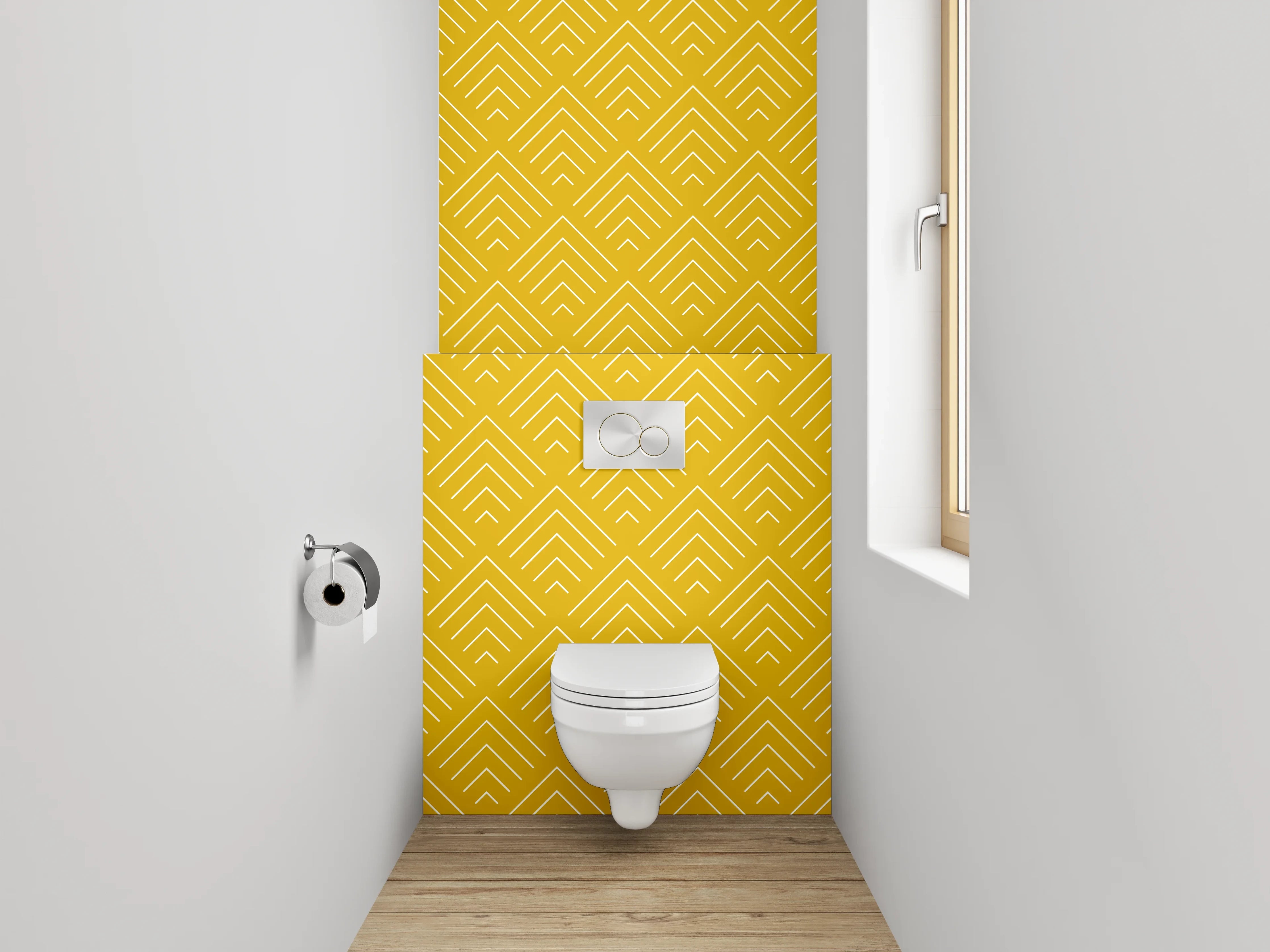 WC-Rückwand - Grafisches Retro-Design in Gelb und Grau