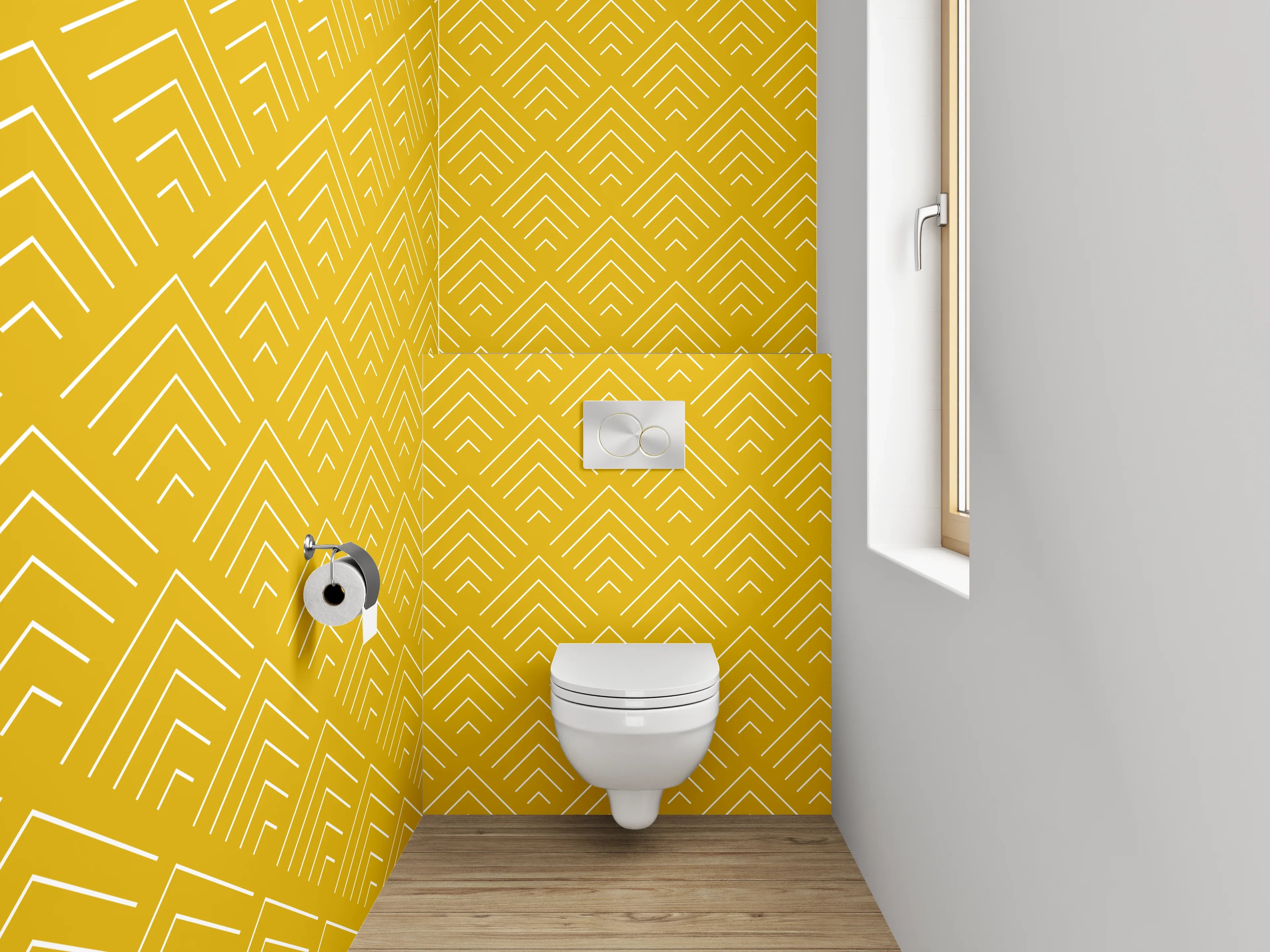 WC-Rückwand - Grafisches Retro-Design in Gelb und Grau
