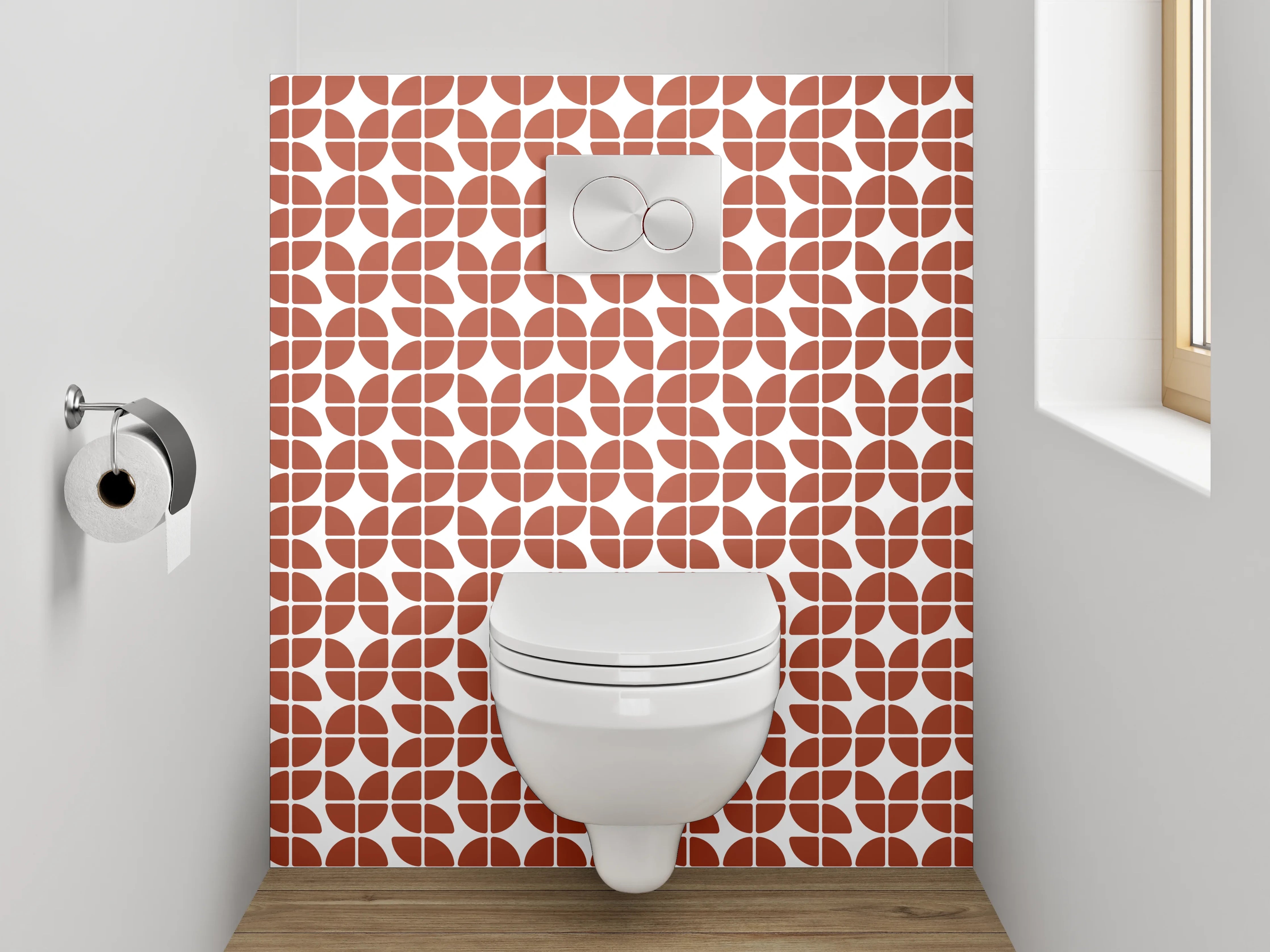 WC-Rückwand - Grafisches Retro-Muster in Terrakotta und Weiß
