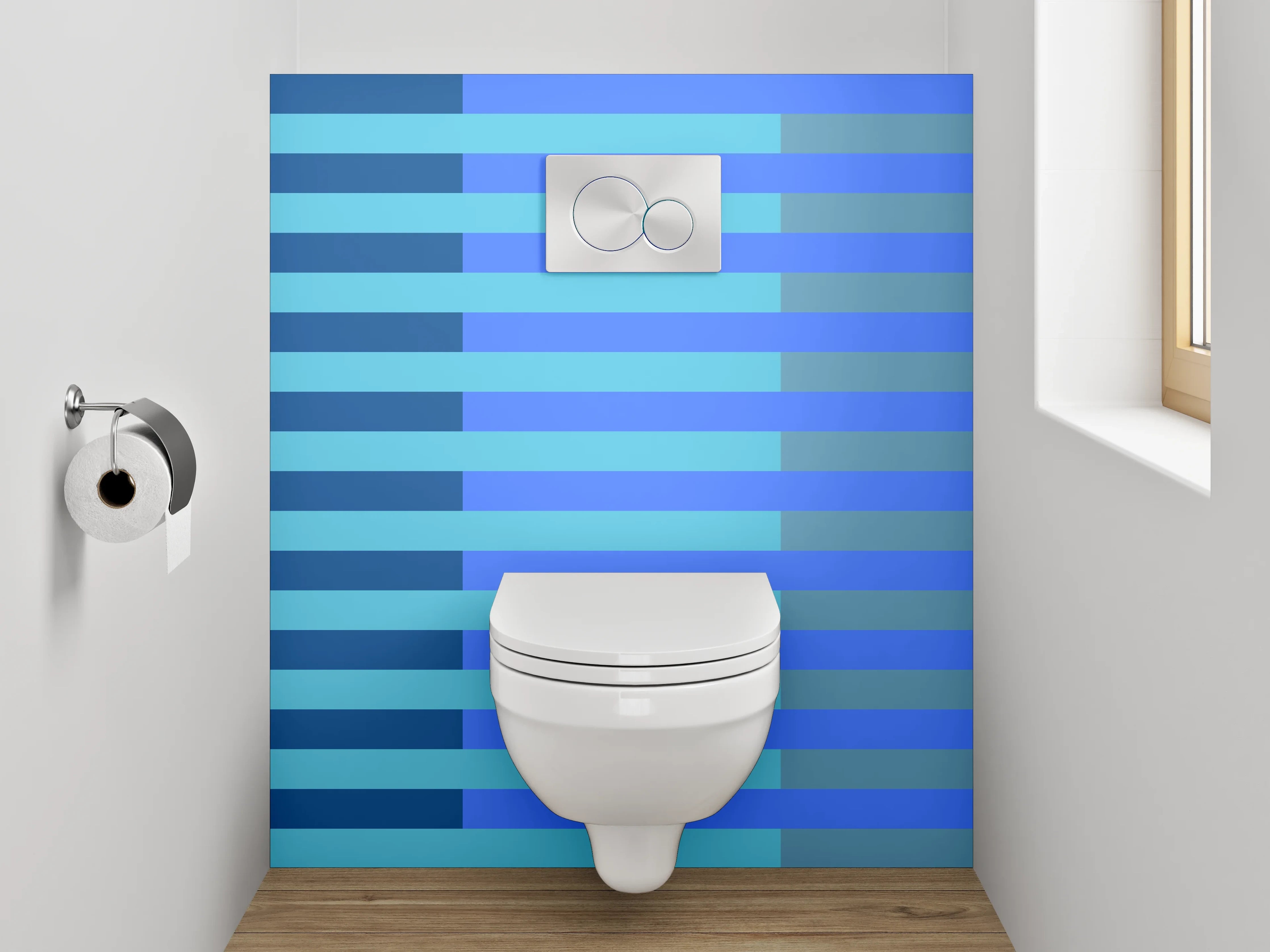 WC-Rückwand - Grafisches Streifenmuster in Blautönen