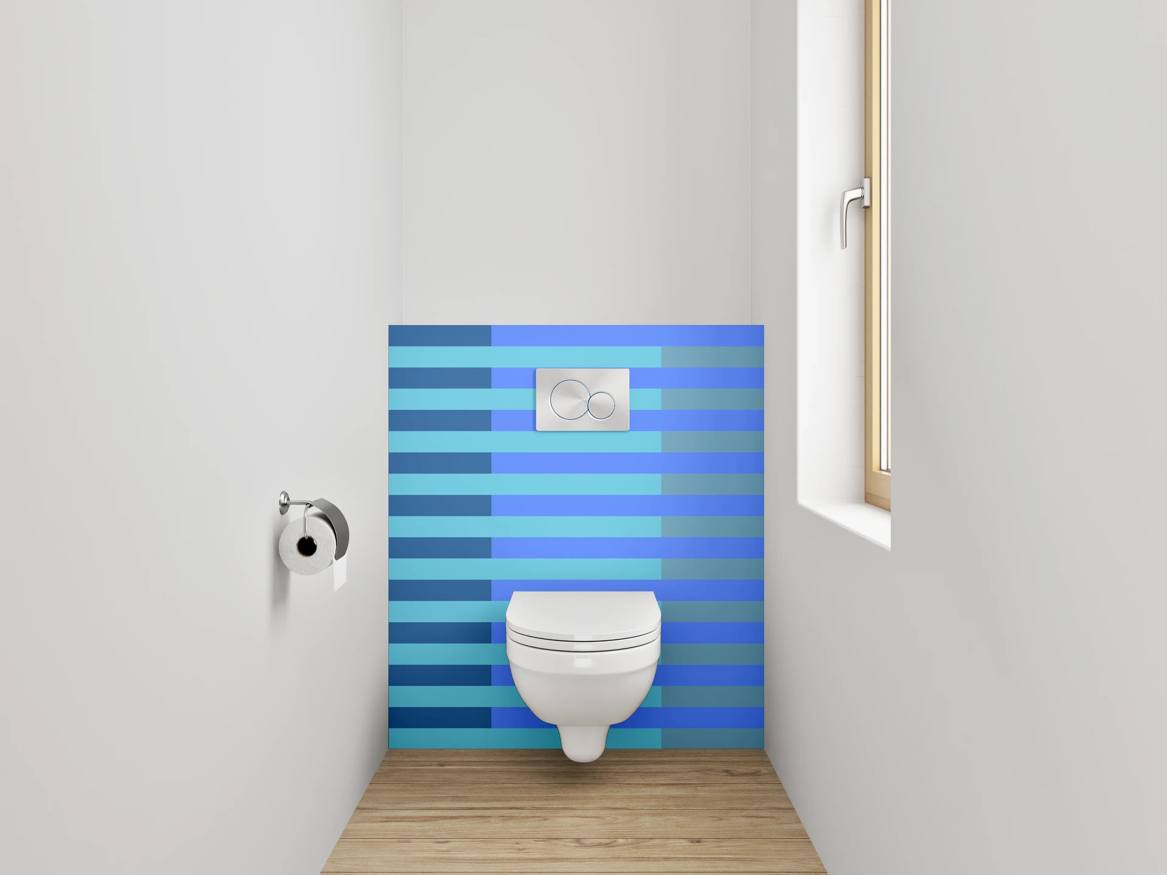WC-Rückwand - Grafisches Streifenmuster in Blautönen