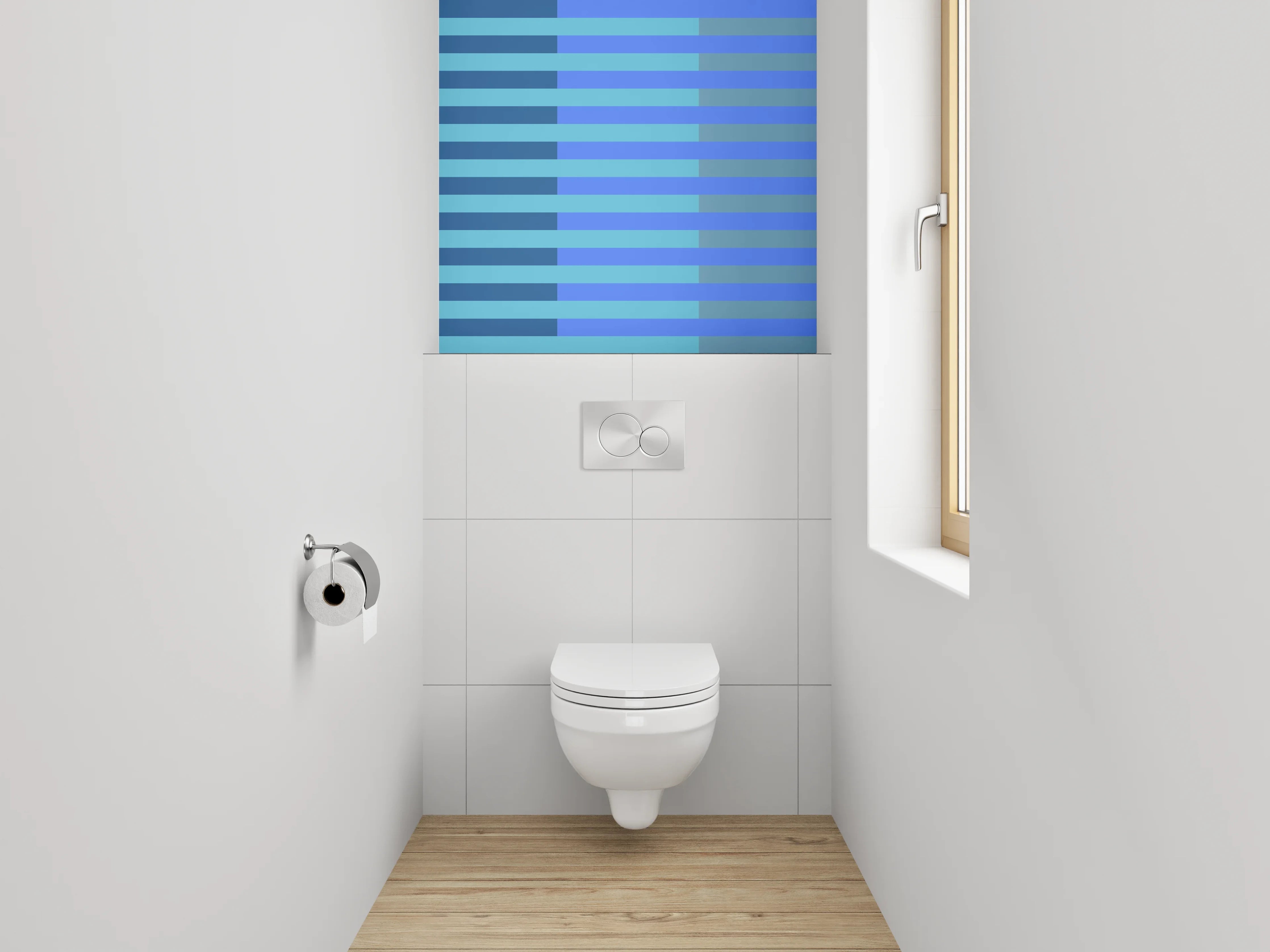 WC-Rückwand - Grafisches Streifenmuster in Blautönen