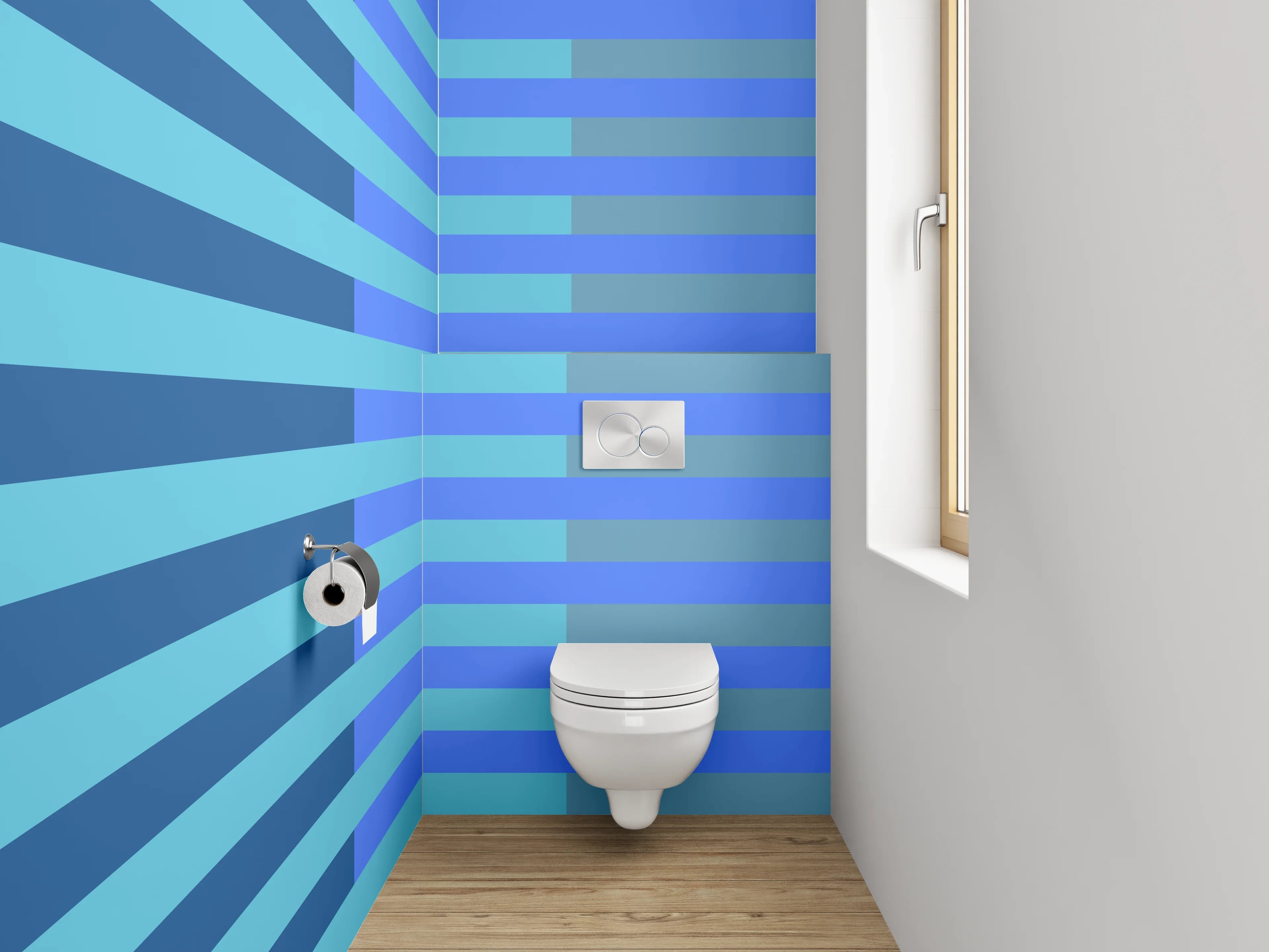 WC-Rückwand - Grafisches Streifenmuster in Blautönen