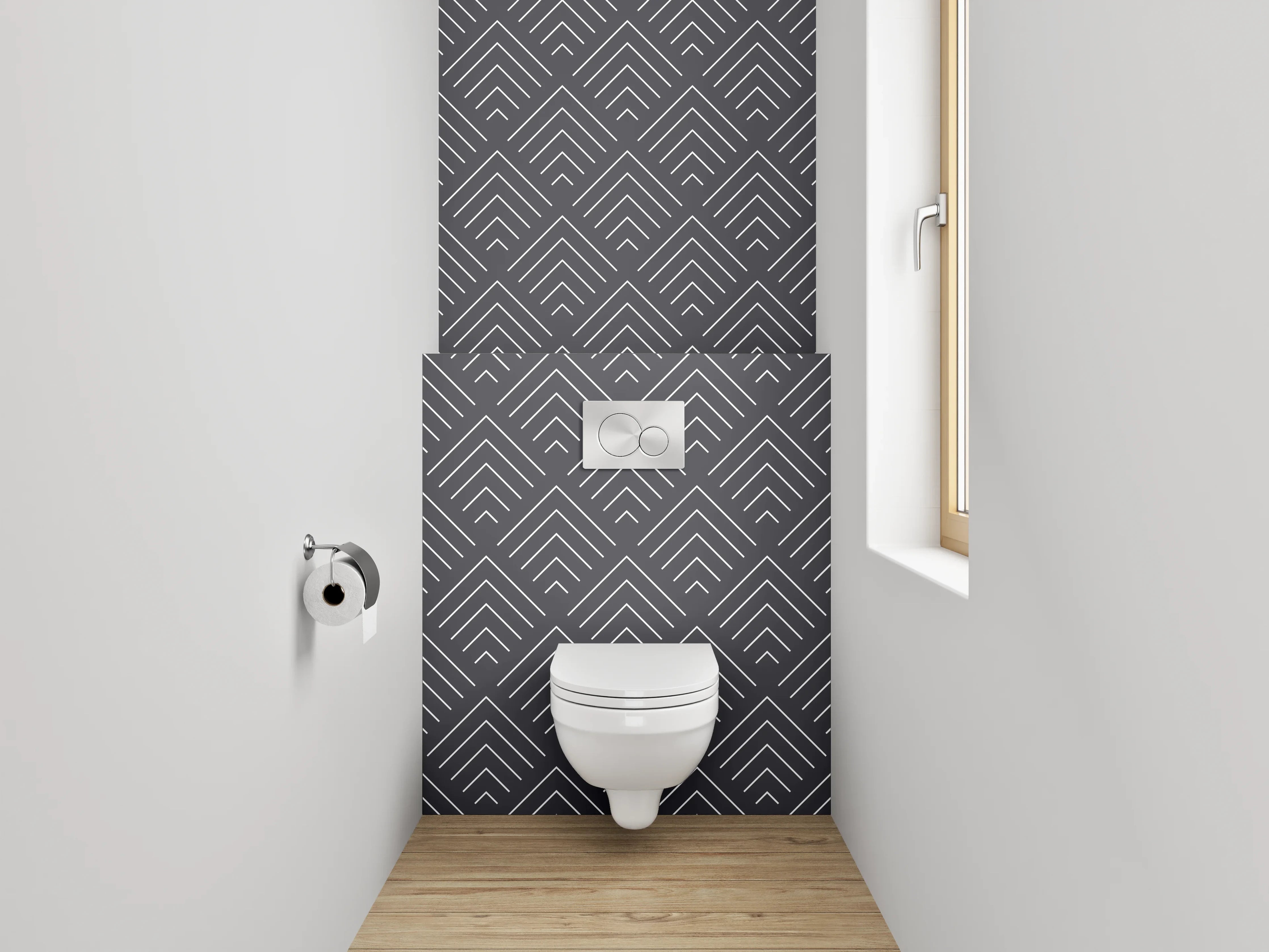 WC-Rückwand - Grafisches Zickzack Muster Dunkelgrau Weiß