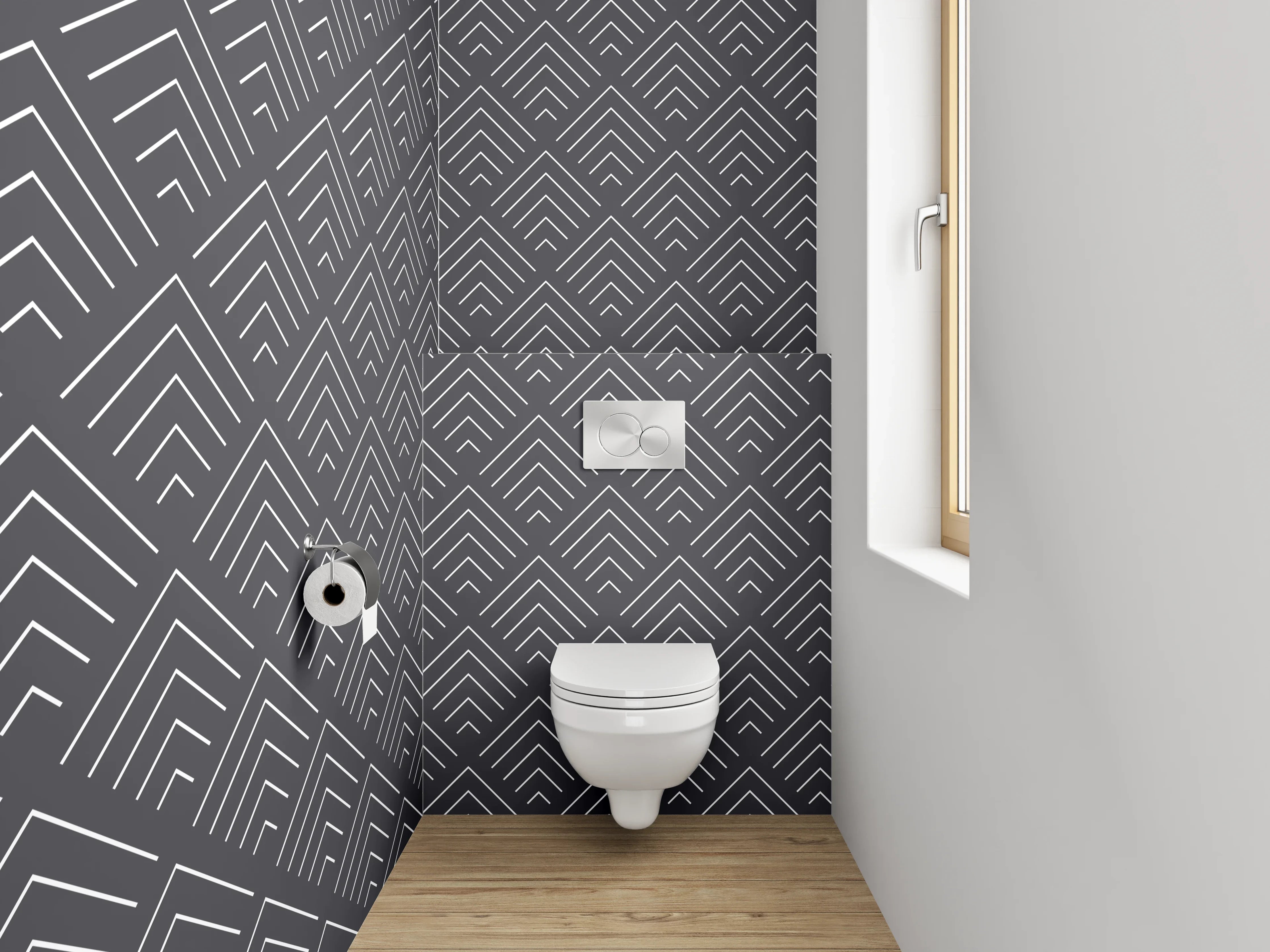 WC-Rückwand - Grafisches Zickzack Muster Dunkelgrau Weiß