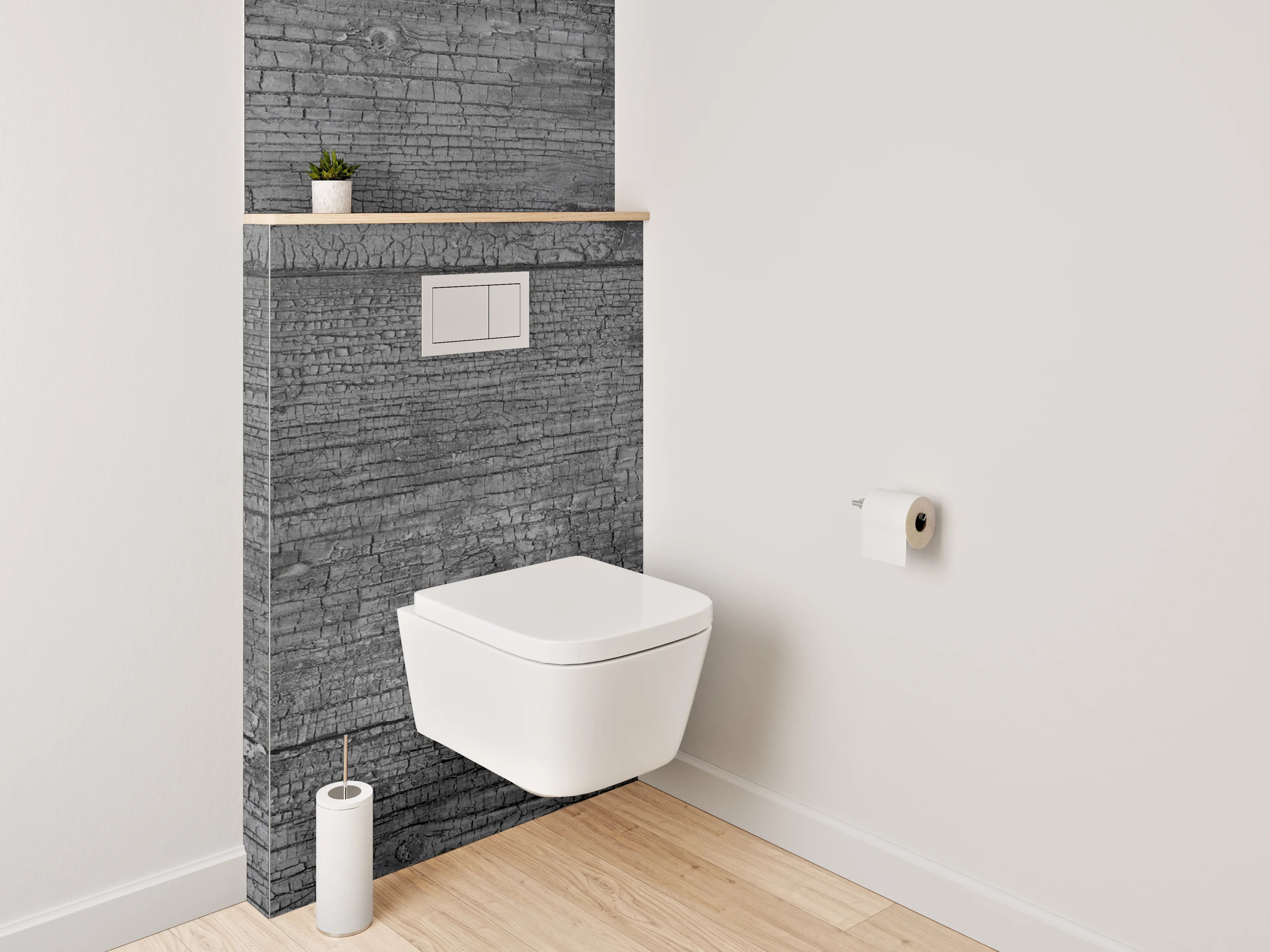 WC-Rückwand - Grau-weiße Holzvertäfelung