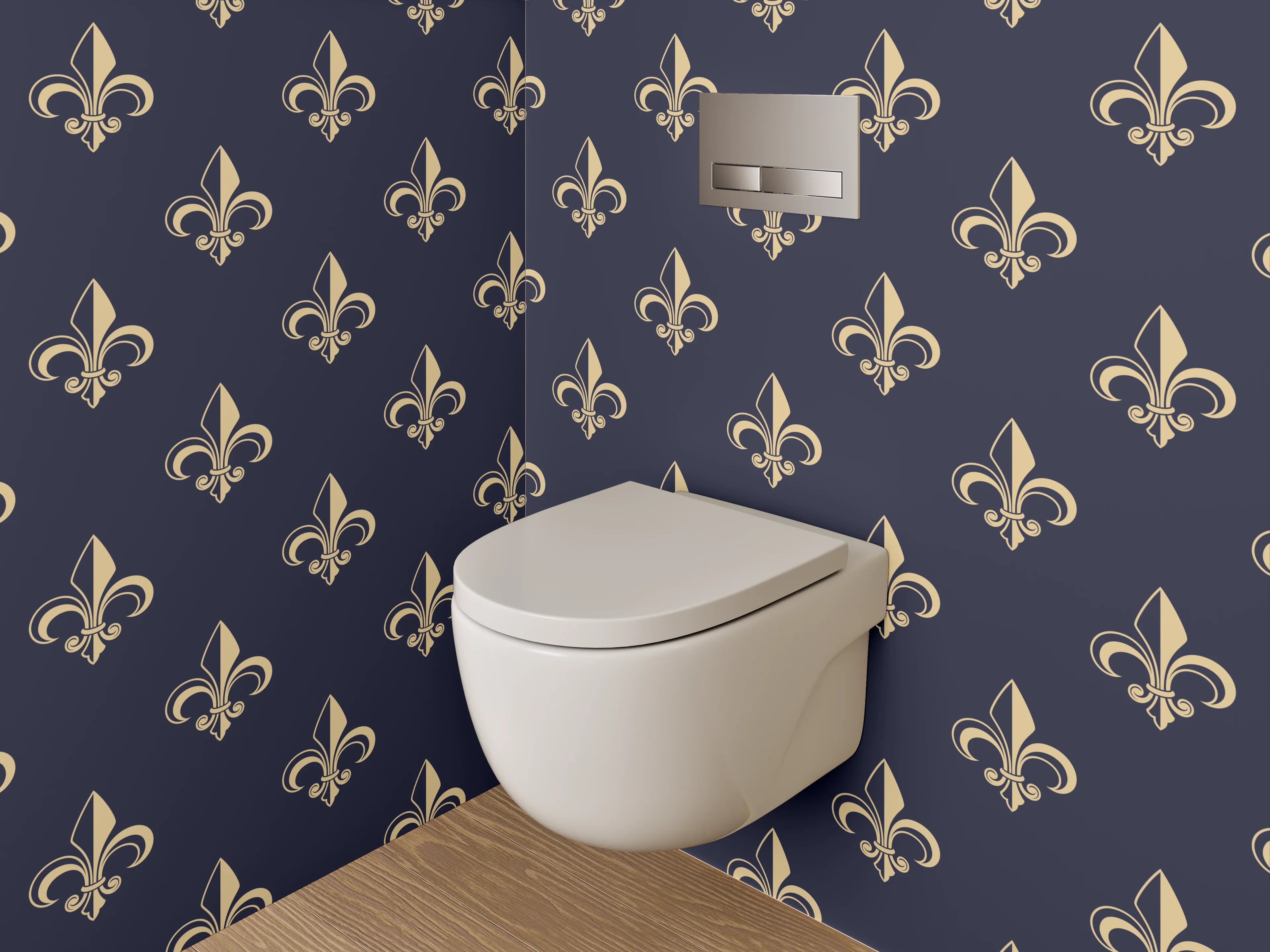 WC-Rückwand - Graublau Goldene Lilienornamente