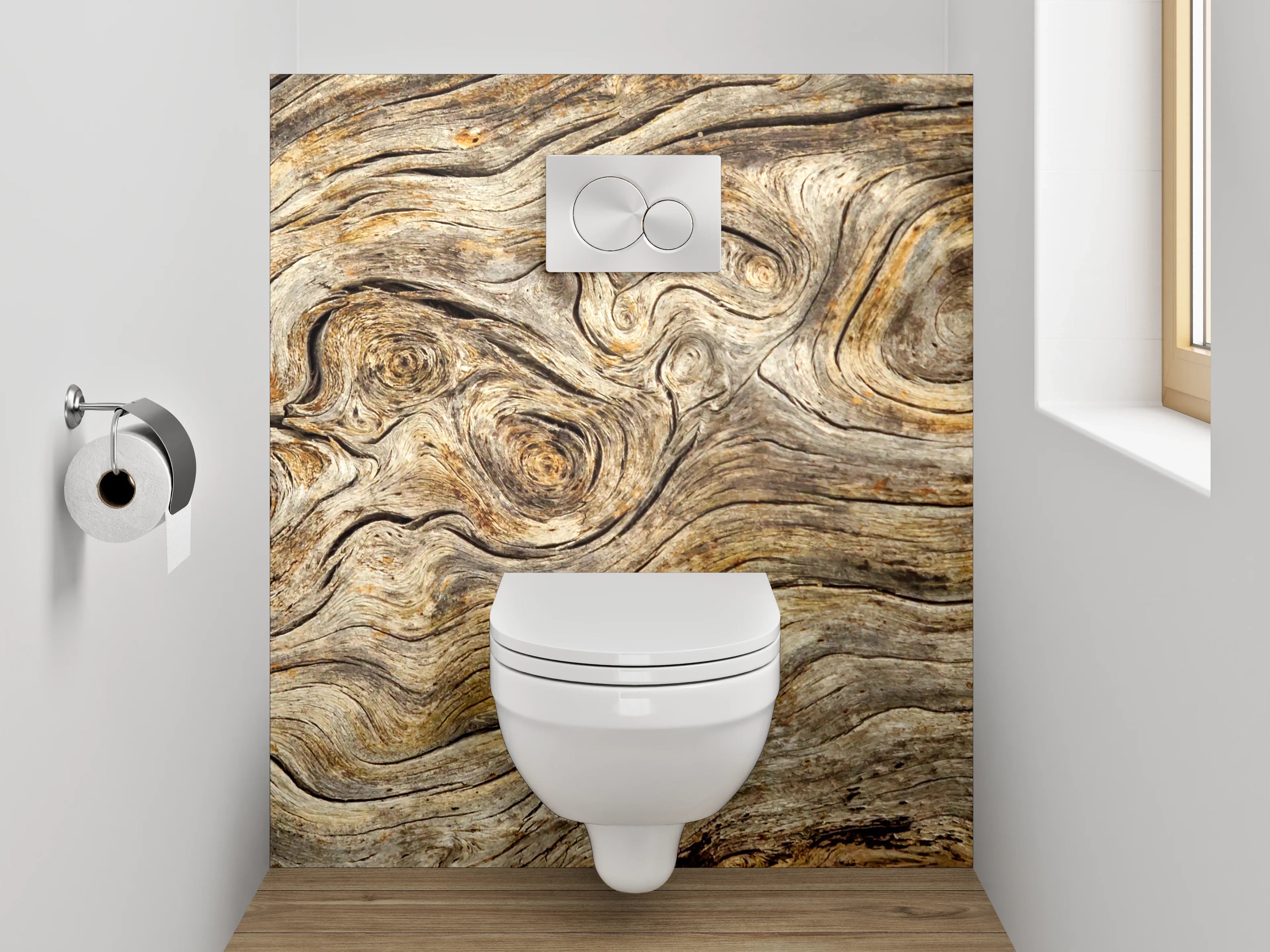 WC-Rückwand - Graubraune Holztextur mit Weißakzenten