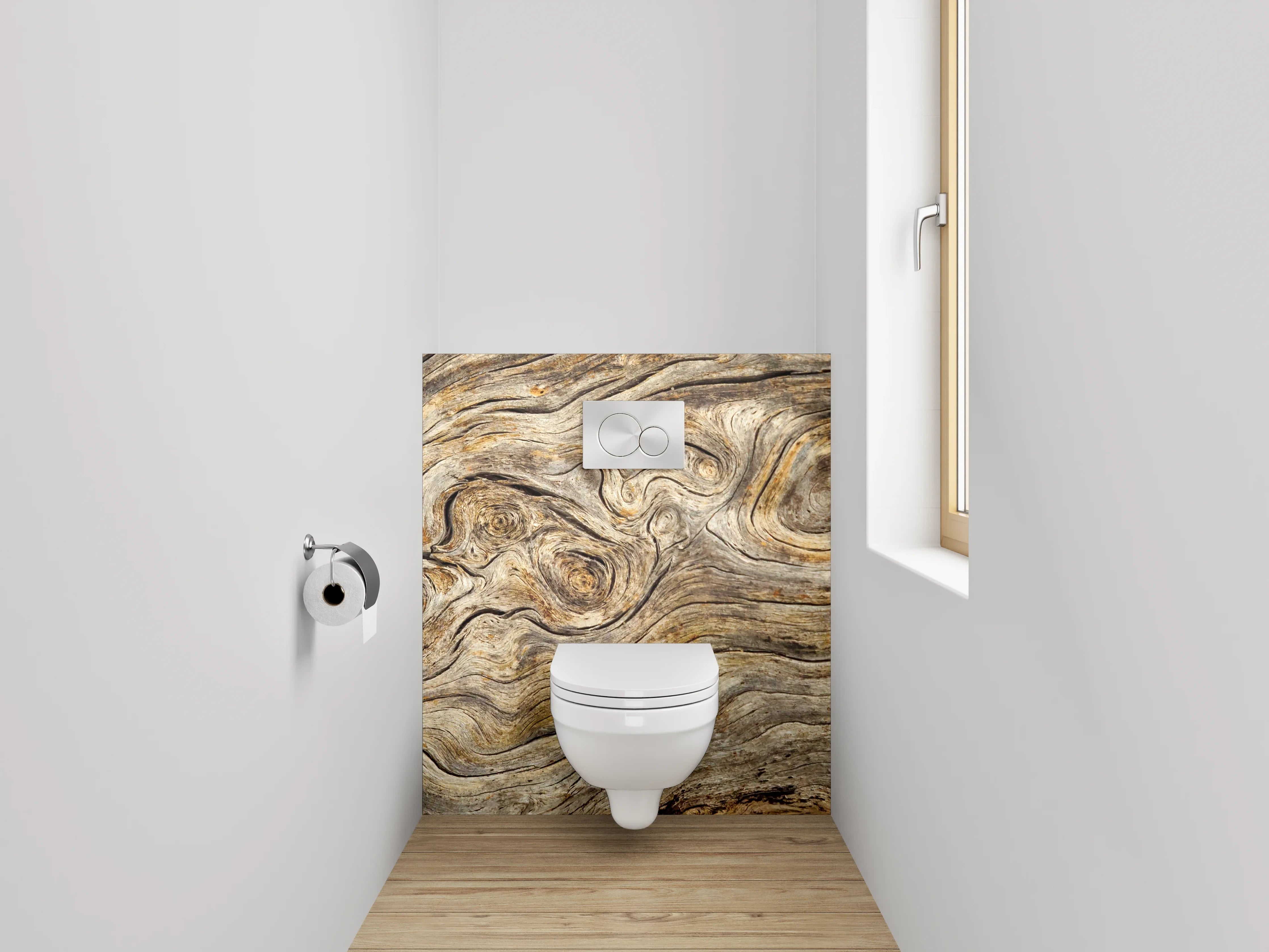WC-Rückwand - Graubraune Holztextur mit Weißakzenten