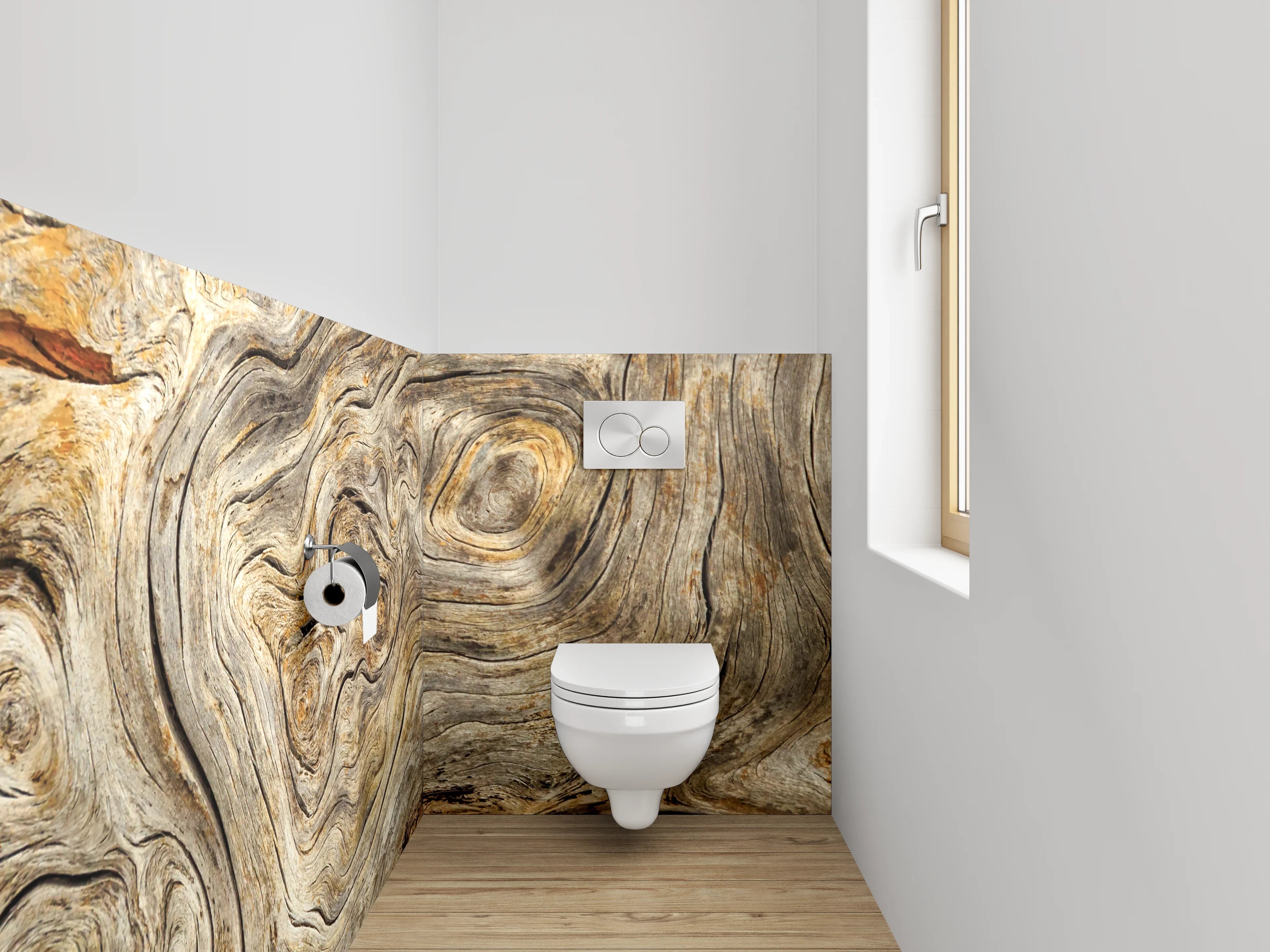 WC-Rückwand - Graubraune Holztextur mit Weißakzenten