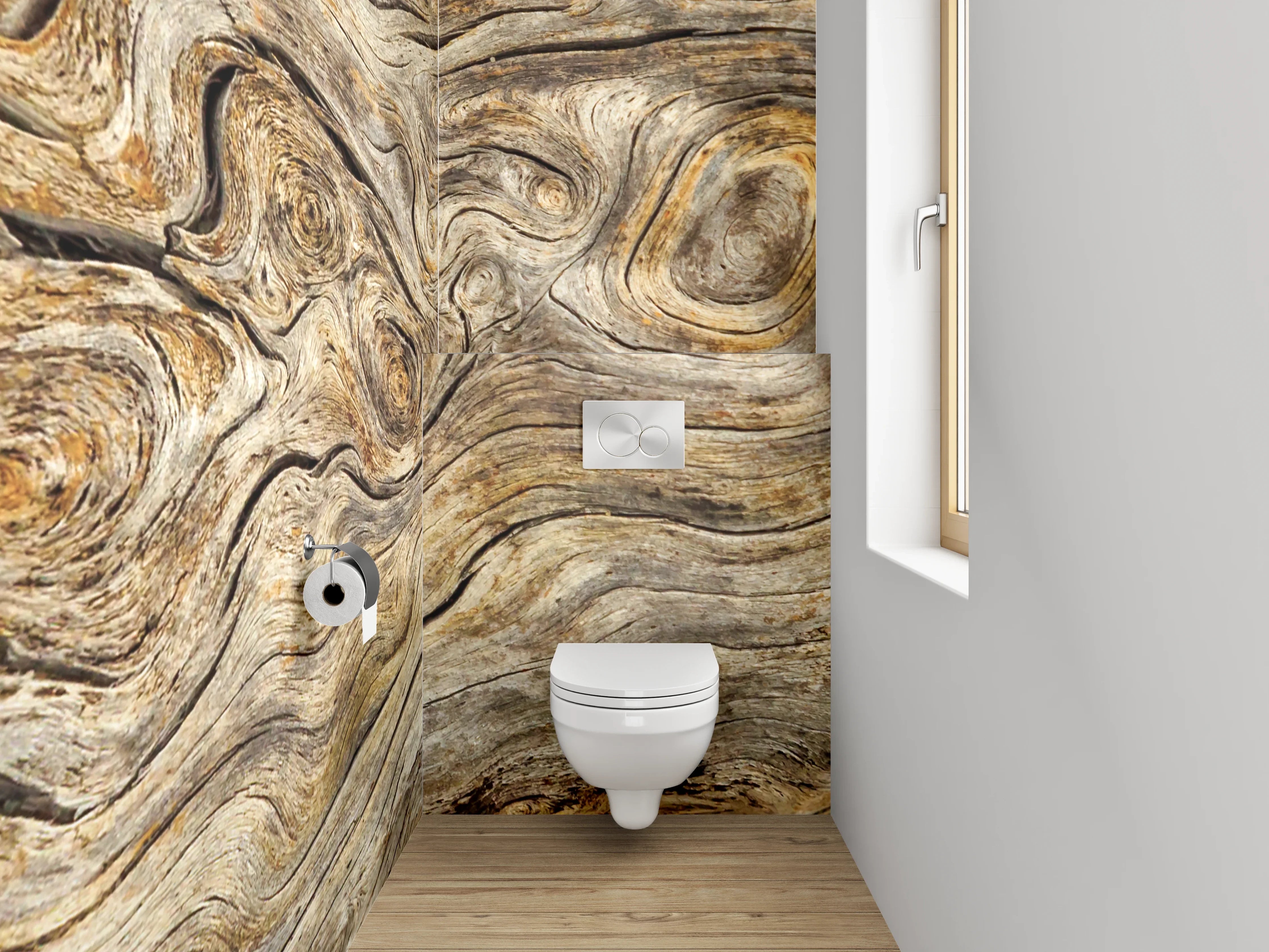 WC-Rückwand - Graubraune Holztextur mit Weißakzenten