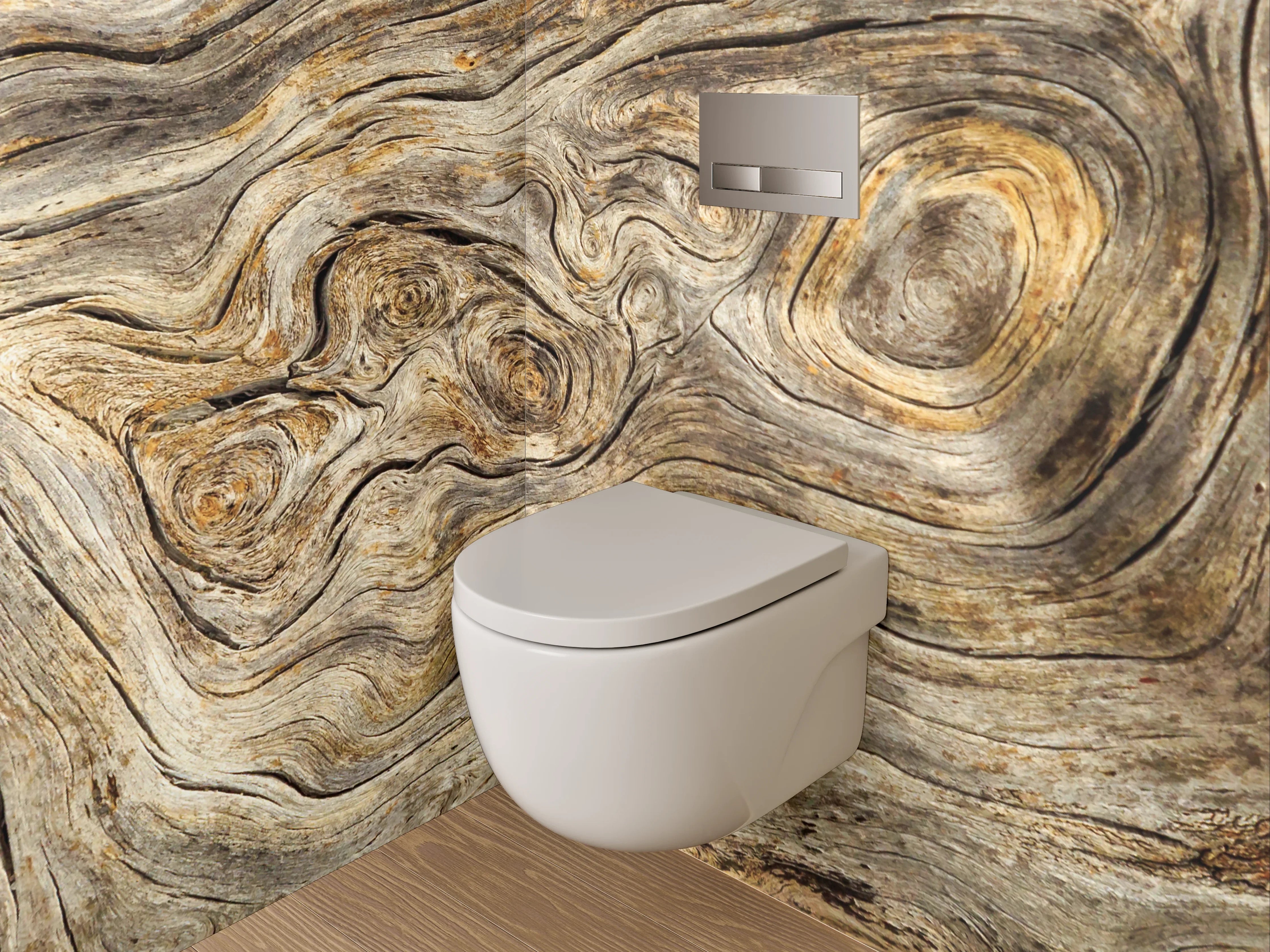 WC-Rückwand - Graubraune Holztextur mit Weißakzenten