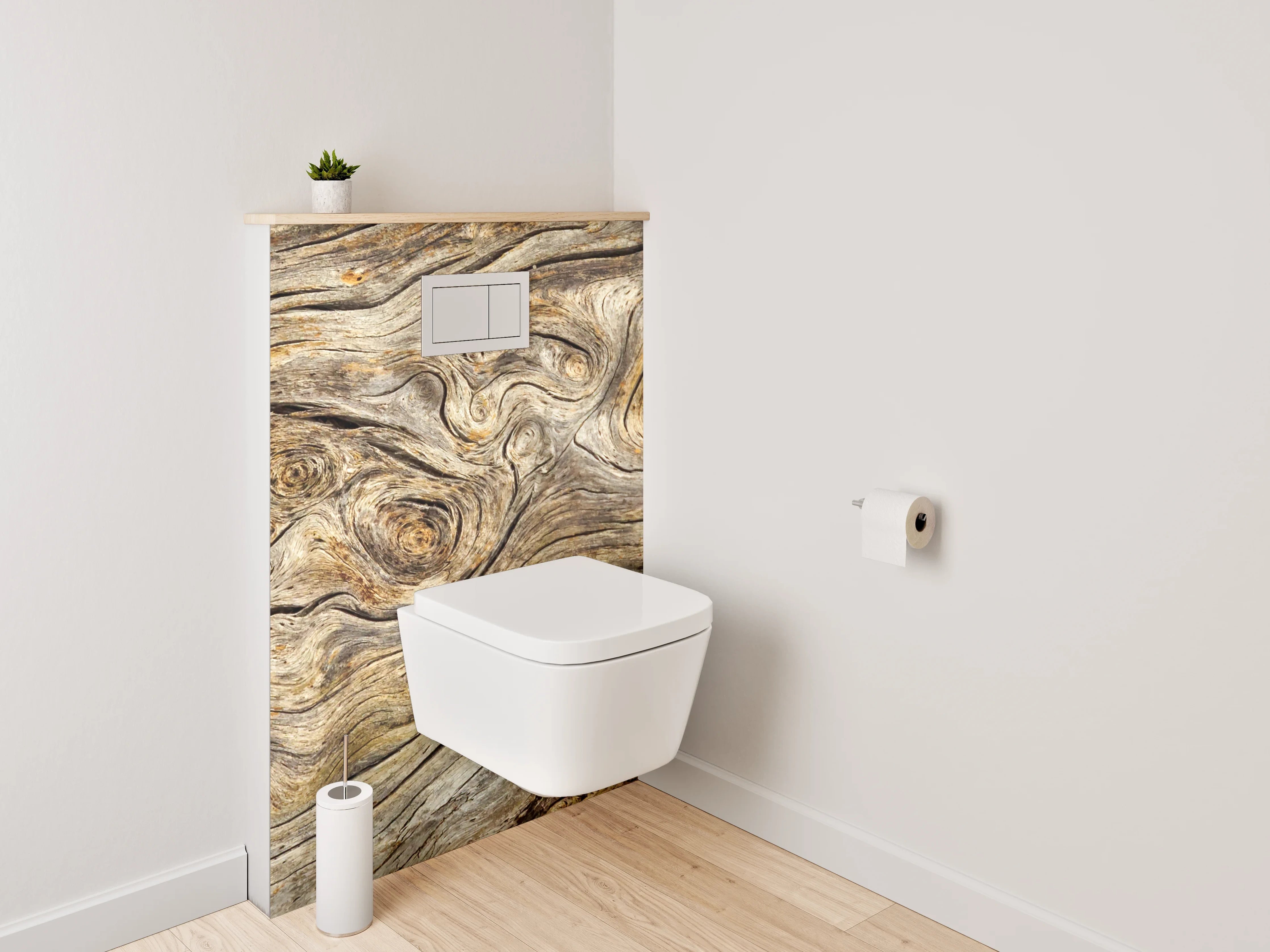 WC-Rückwand - Graubraune Holztextur mit Weißakzenten