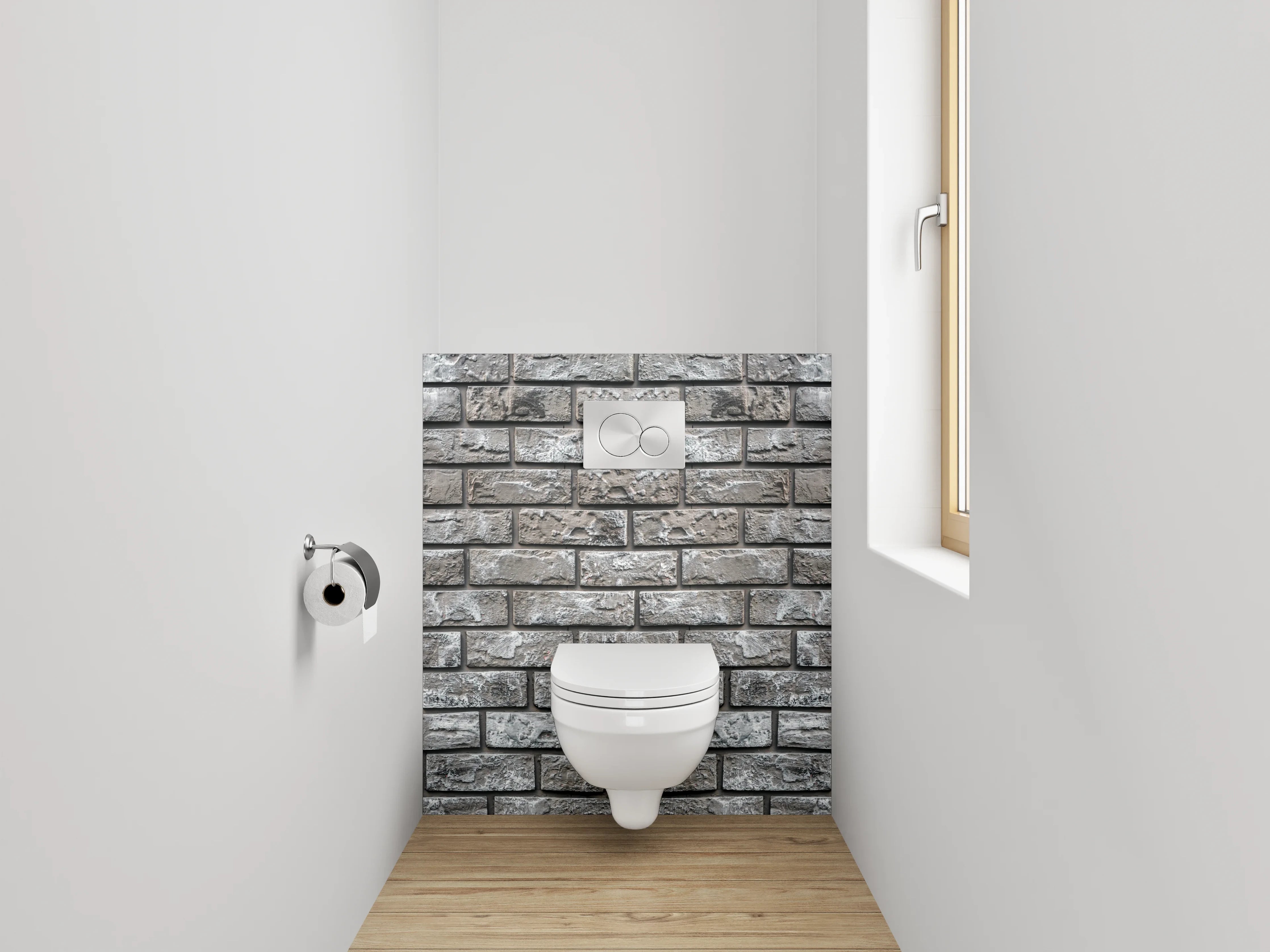 WC-Rückwand - Graue Backsteinwand modern verputzt