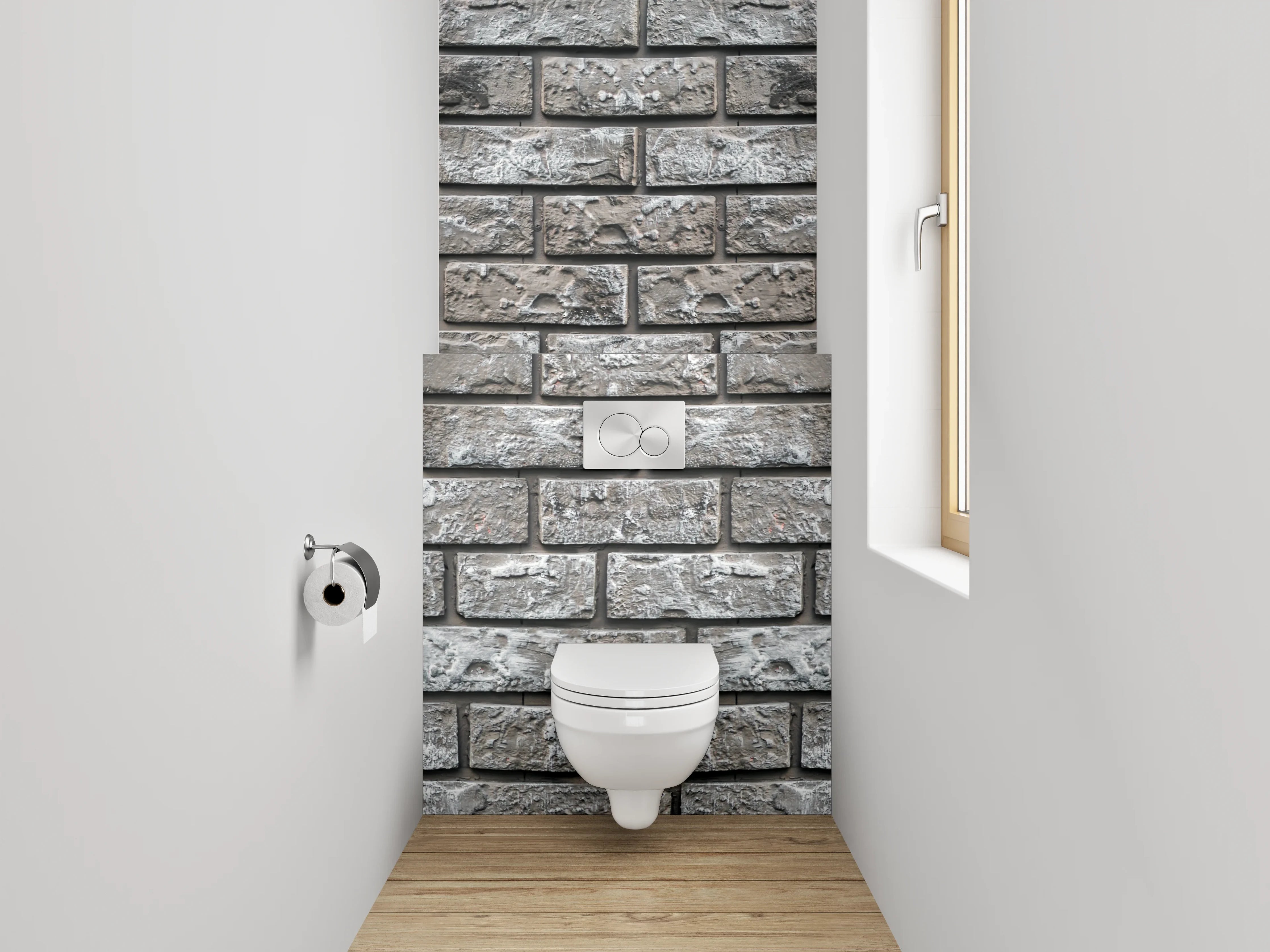 WC-Rückwand - Graue Backsteinwand modern verputzt