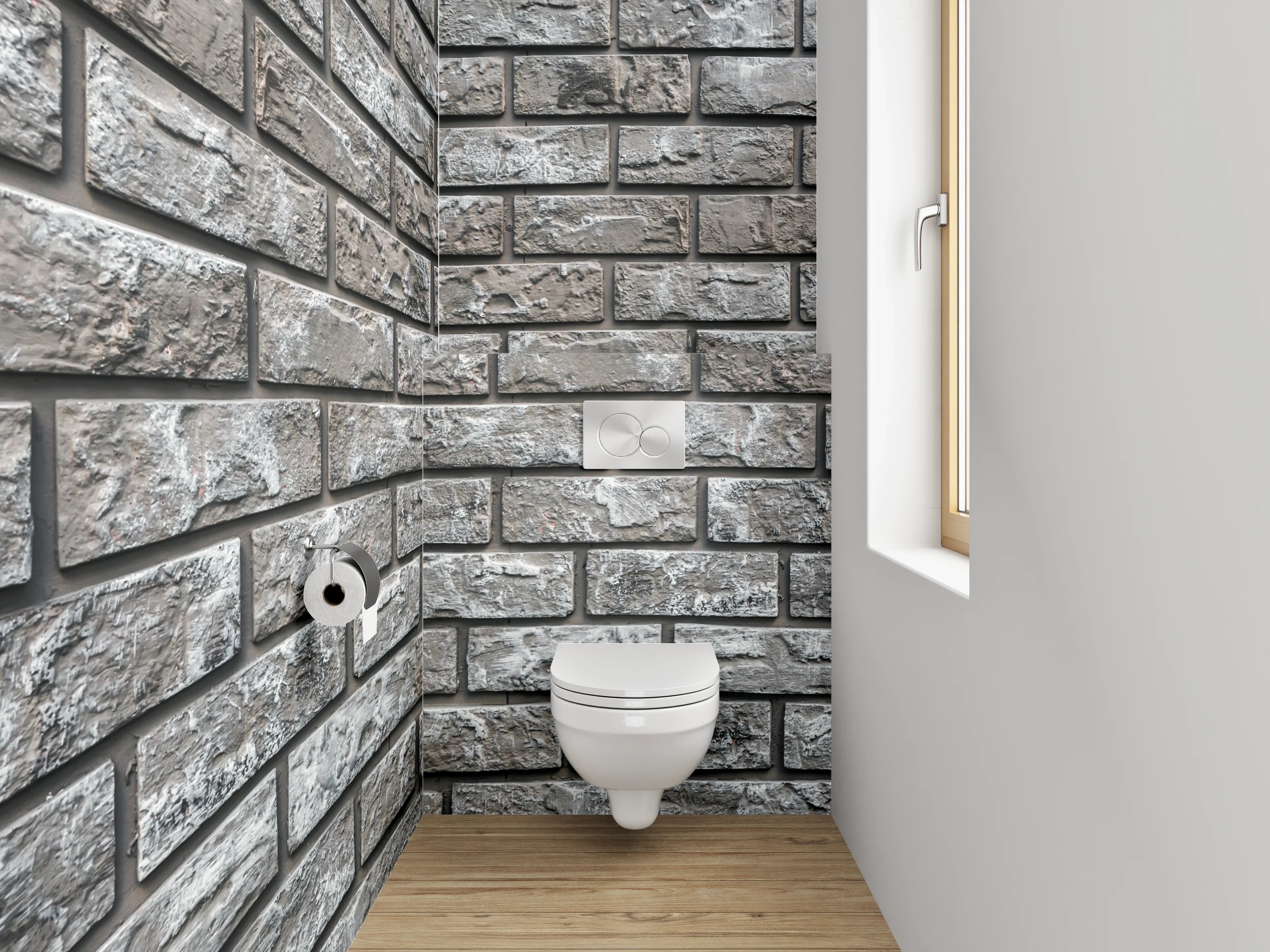 WC-Rückwand - Graue Backsteinwand modern verputzt