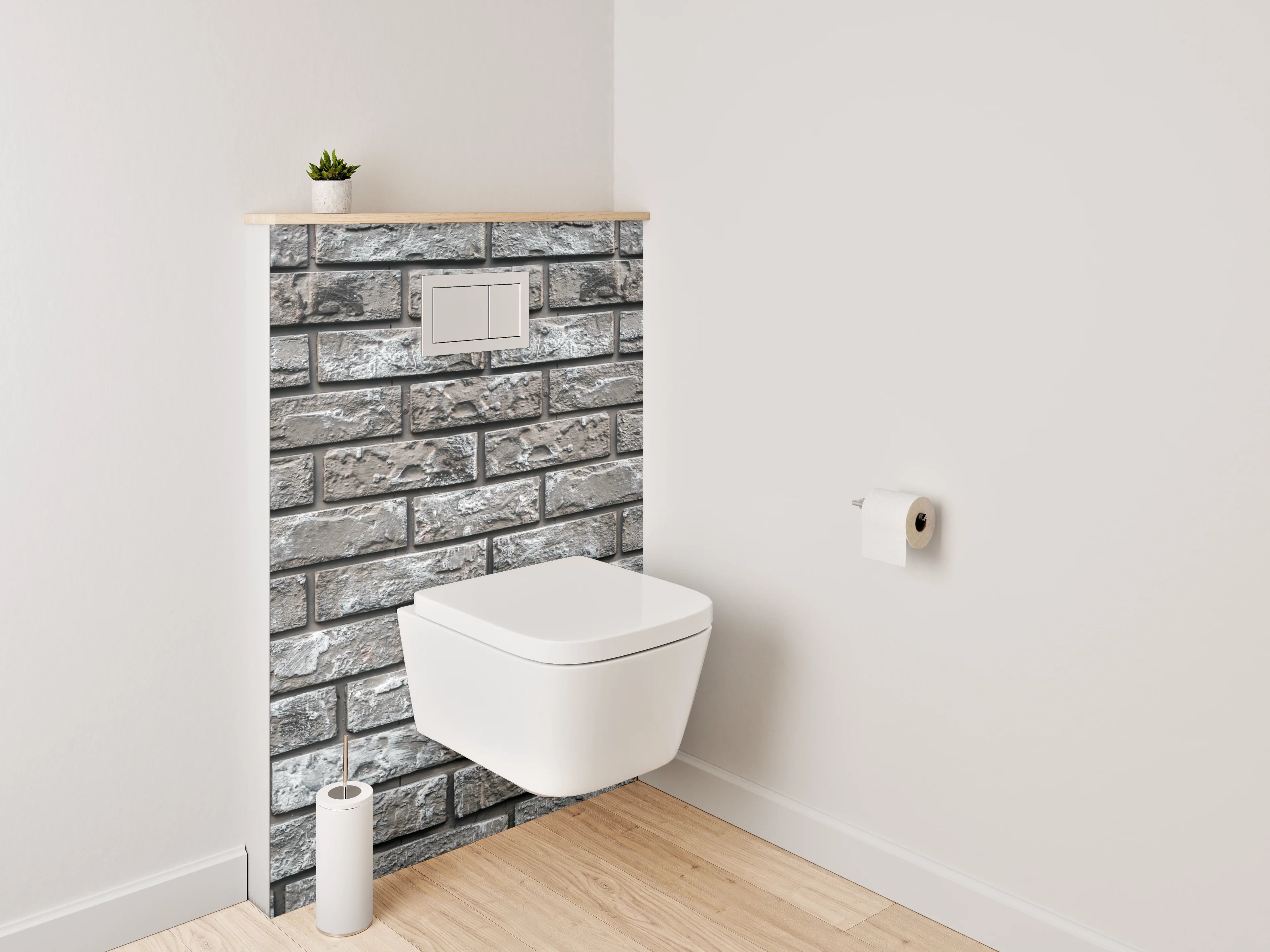WC-Rückwand - Graue Backsteinwand modern verputzt