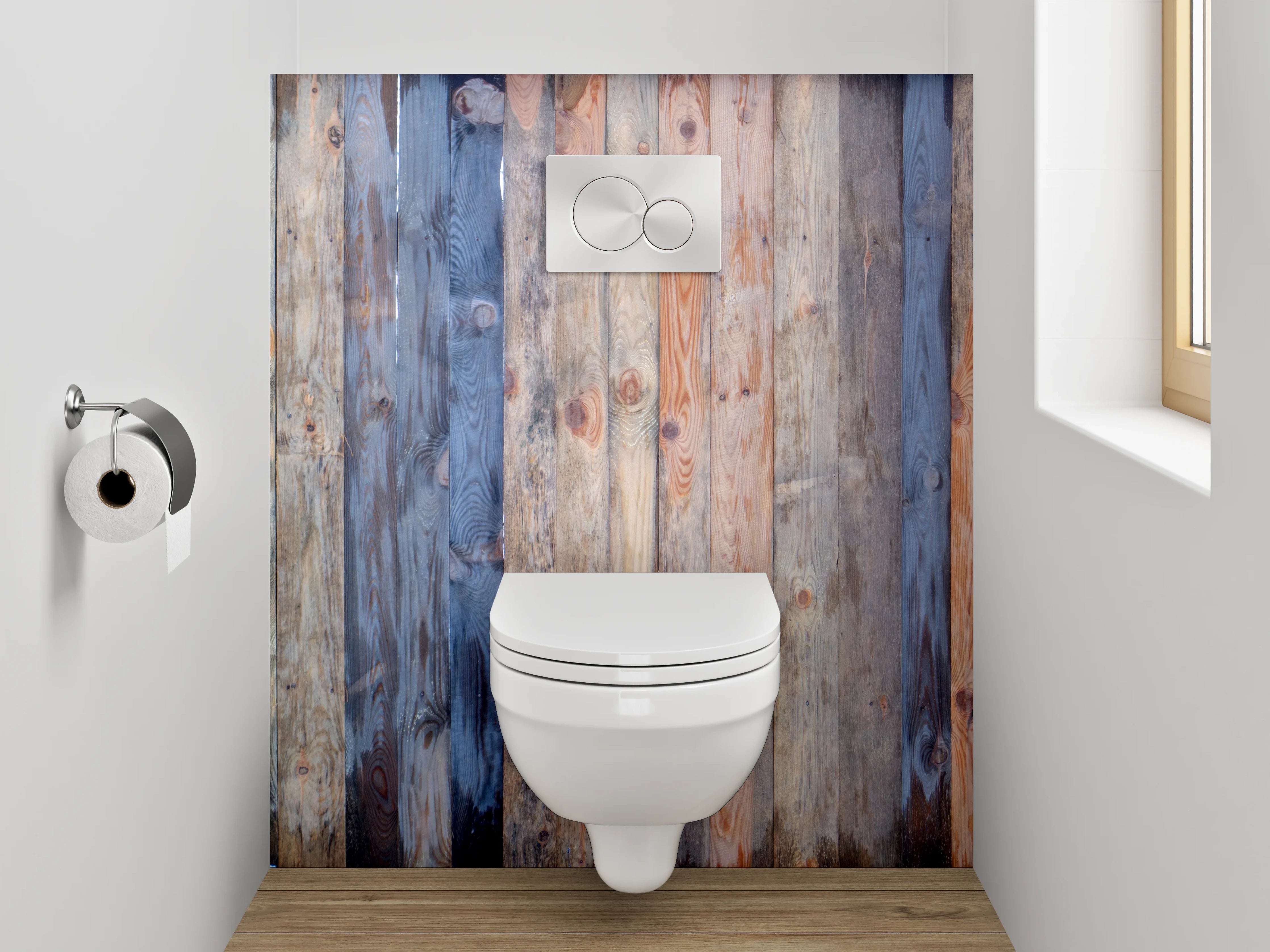 WC-Rückwand - Graue Holzlatten Wanddekor Weißakzente