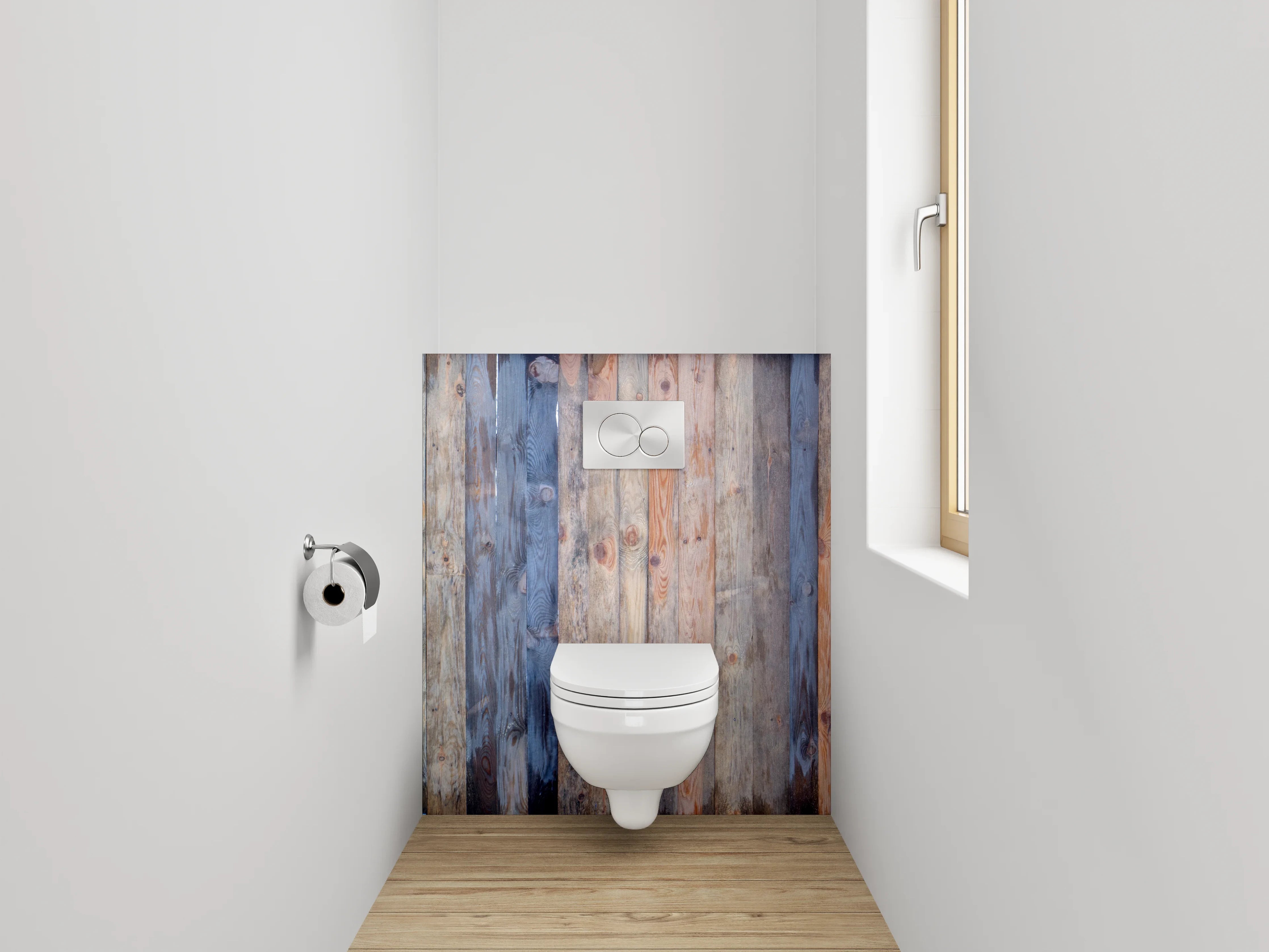 WC-Rückwand - Graue Holzlatten Wanddekor Weißakzente