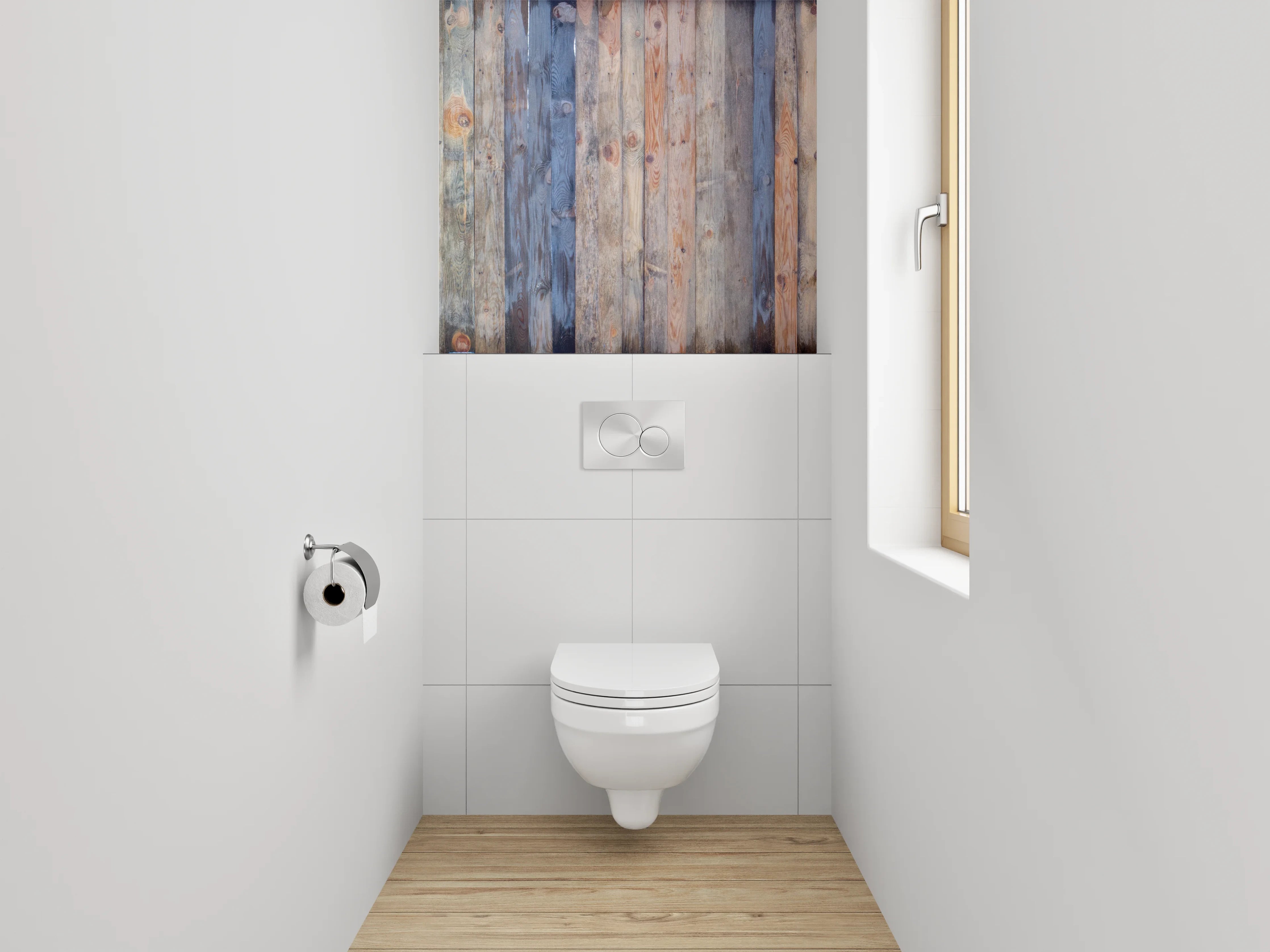 WC-Rückwand - Graue Holzlatten Wanddekor Weißakzente