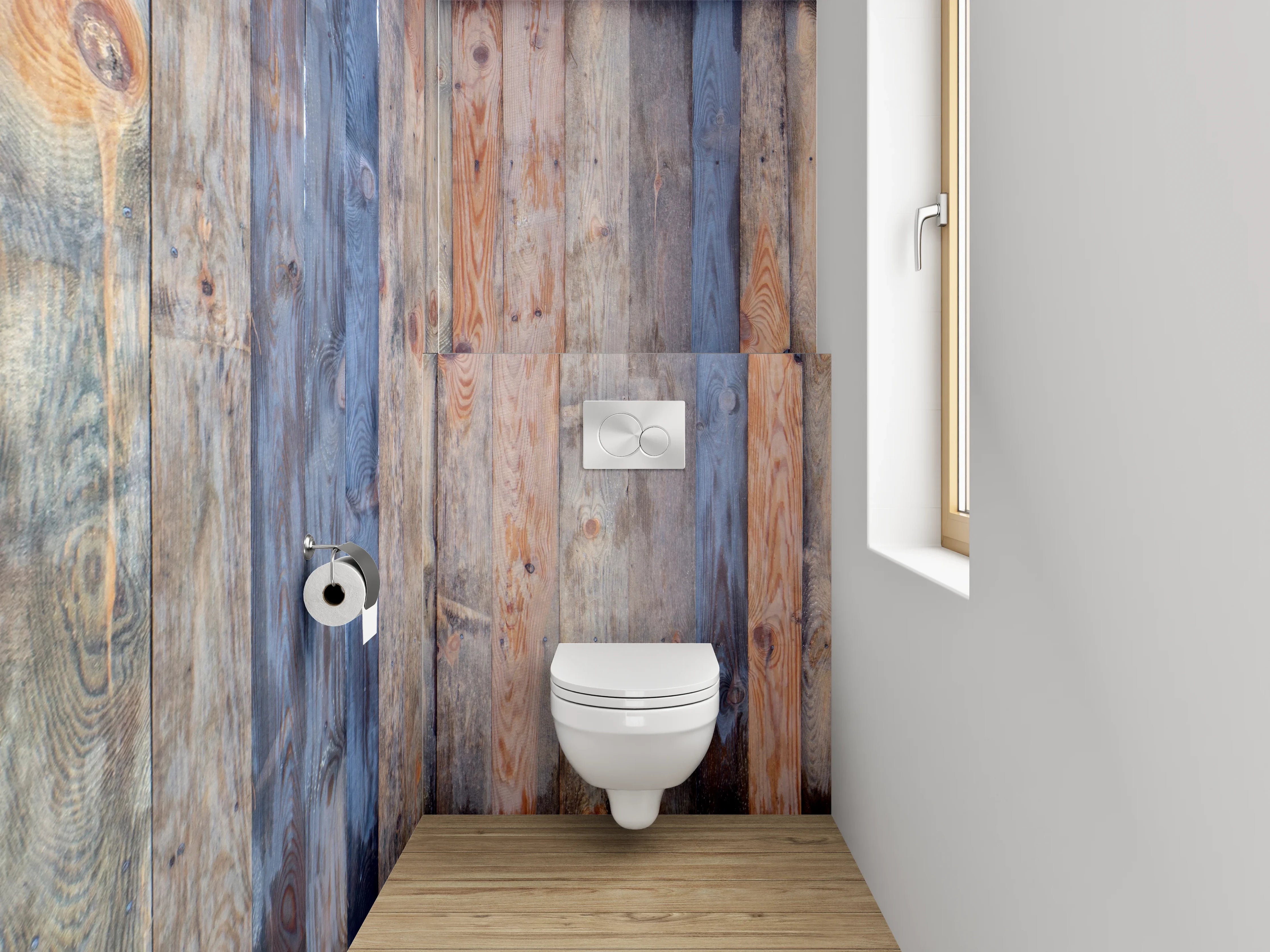 WC-Rückwand - Graue Holzlatten Wanddekor Weißakzente