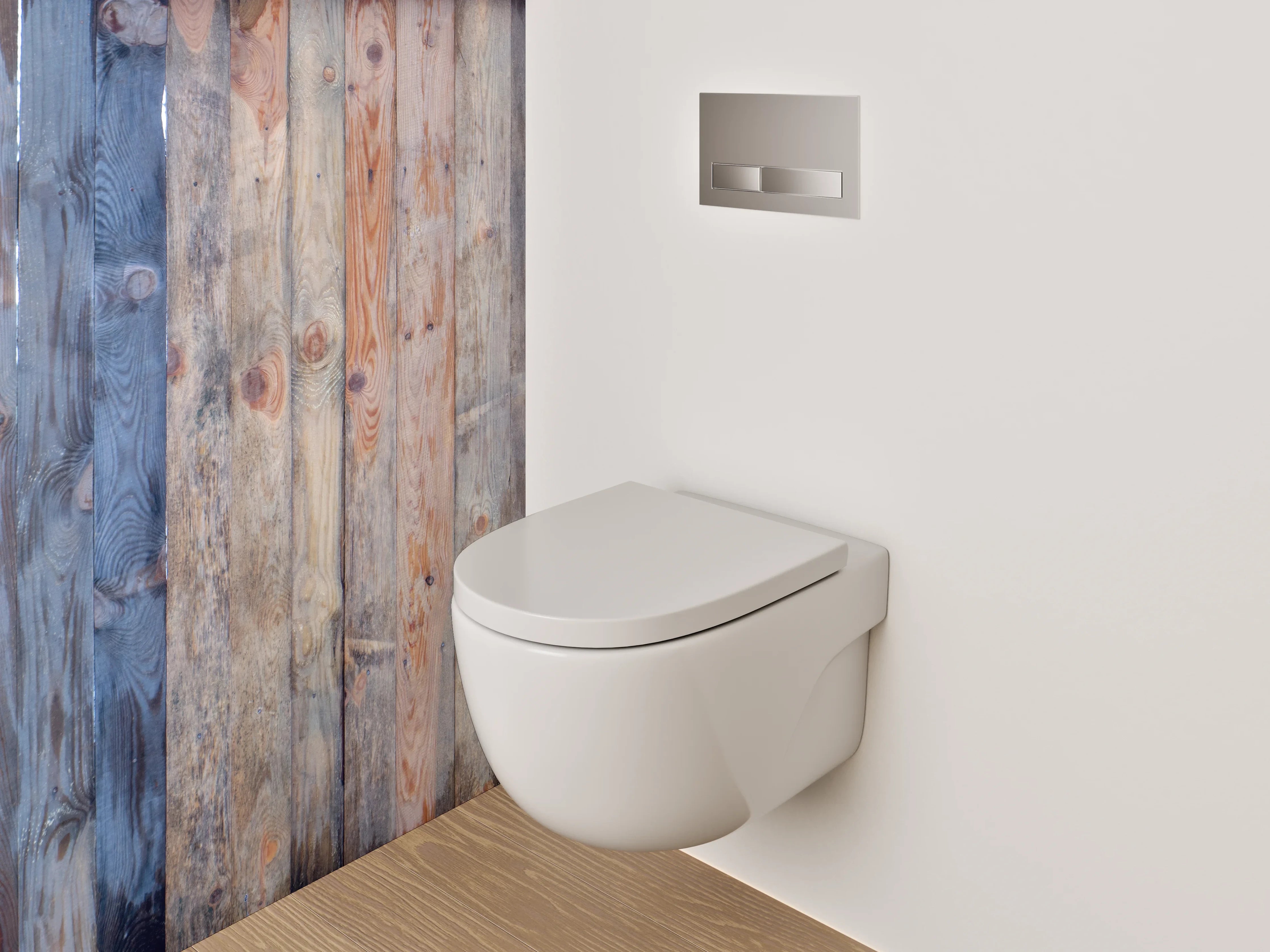 WC-Rückwand - Graue Holzlatten Wanddekor Weißakzente