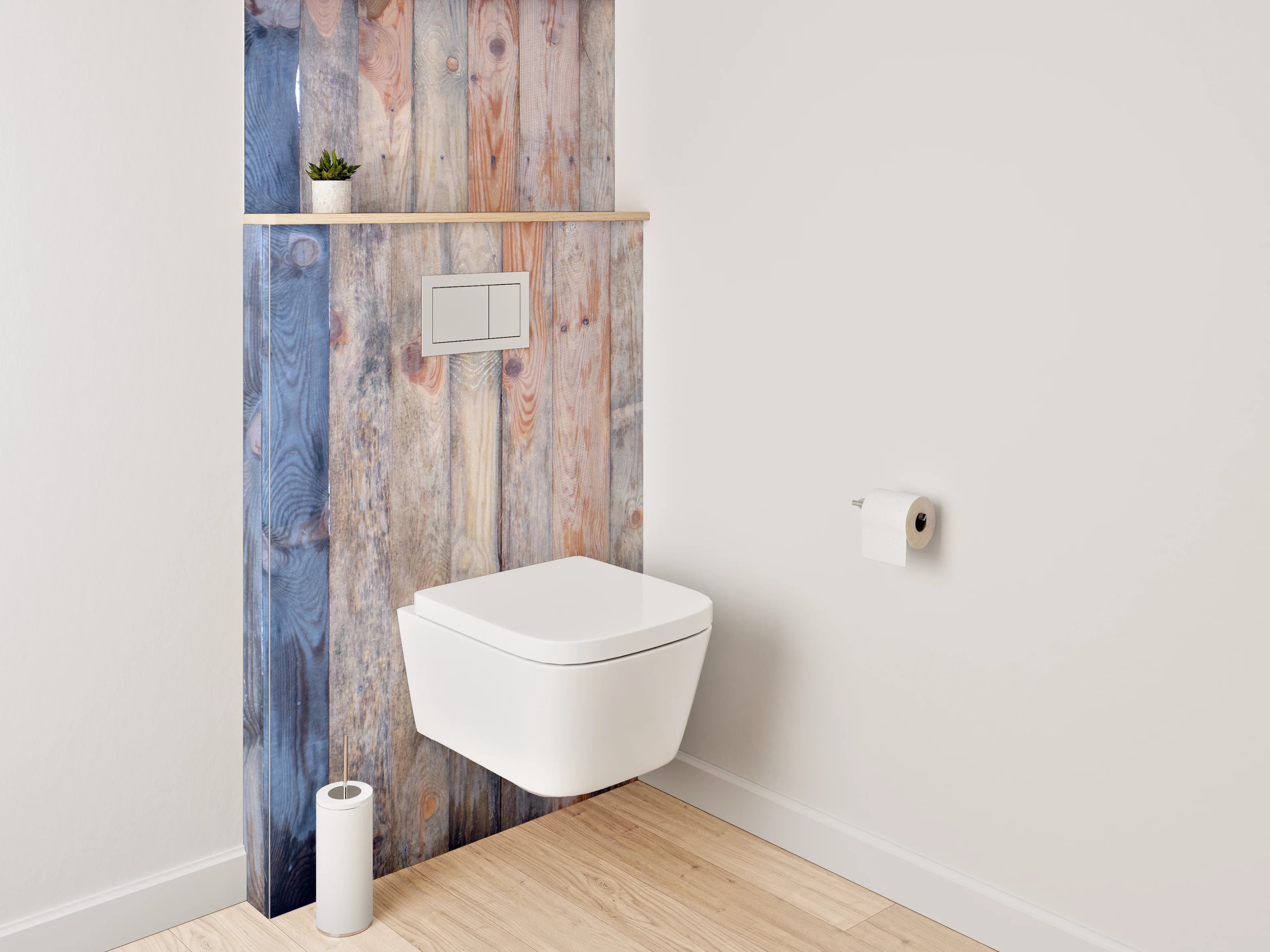WC-Rückwand - Graue Holzlatten Wanddekor Weißakzente