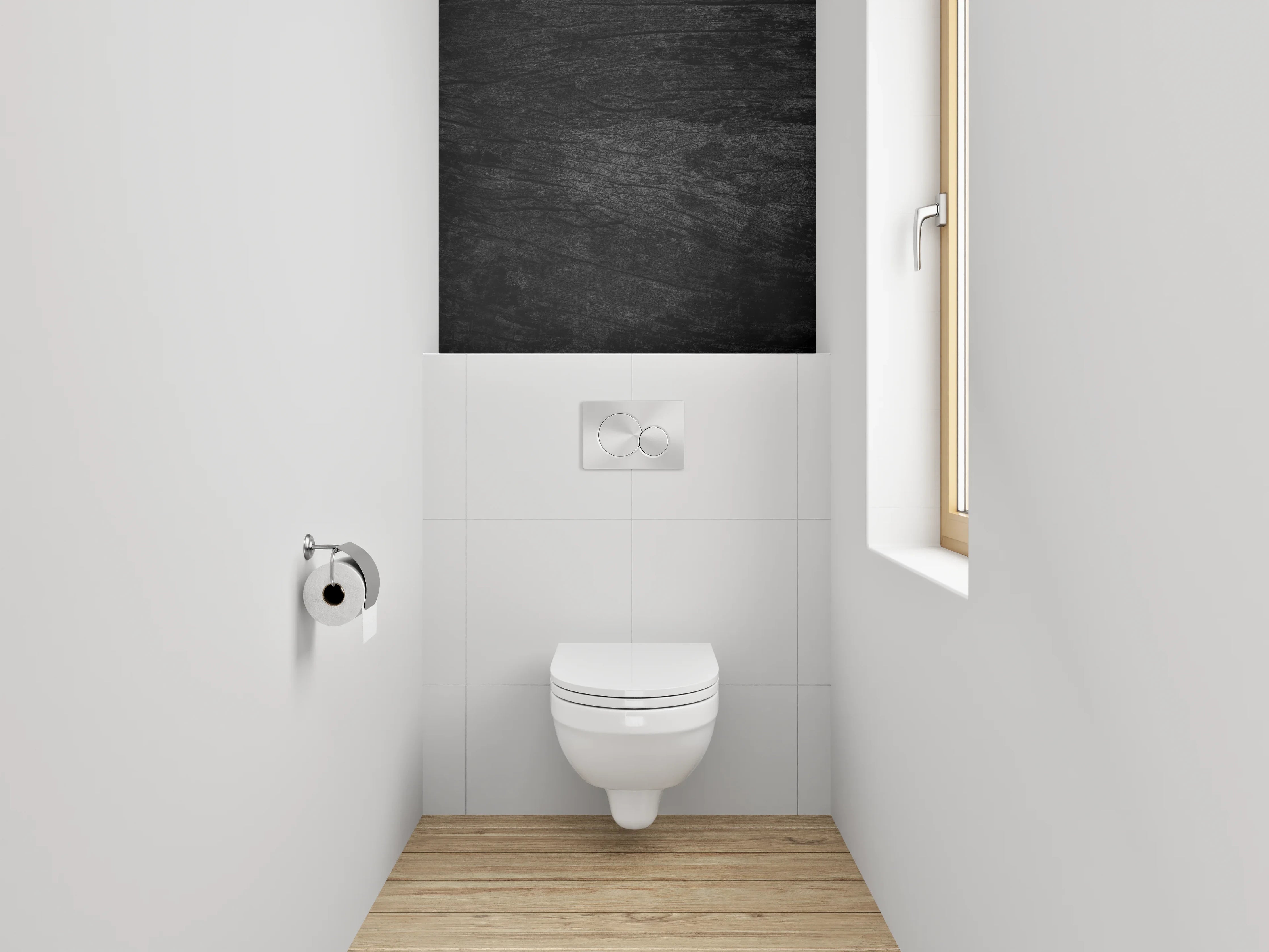 WC-Rückwand - Graue Holzmaserung im weißen Licht