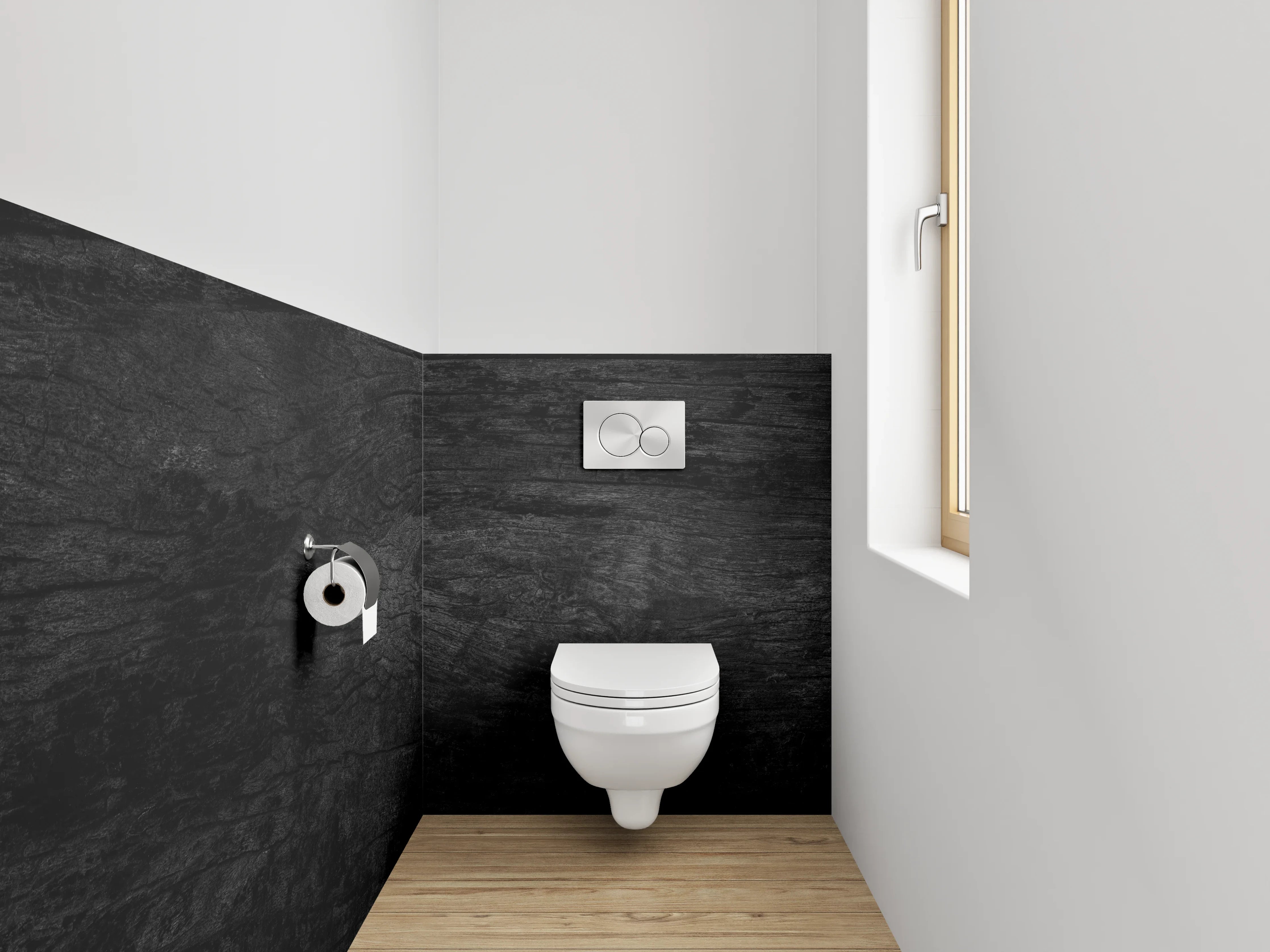 WC-Rückwand - Graue Holzmaserung im weißen Licht