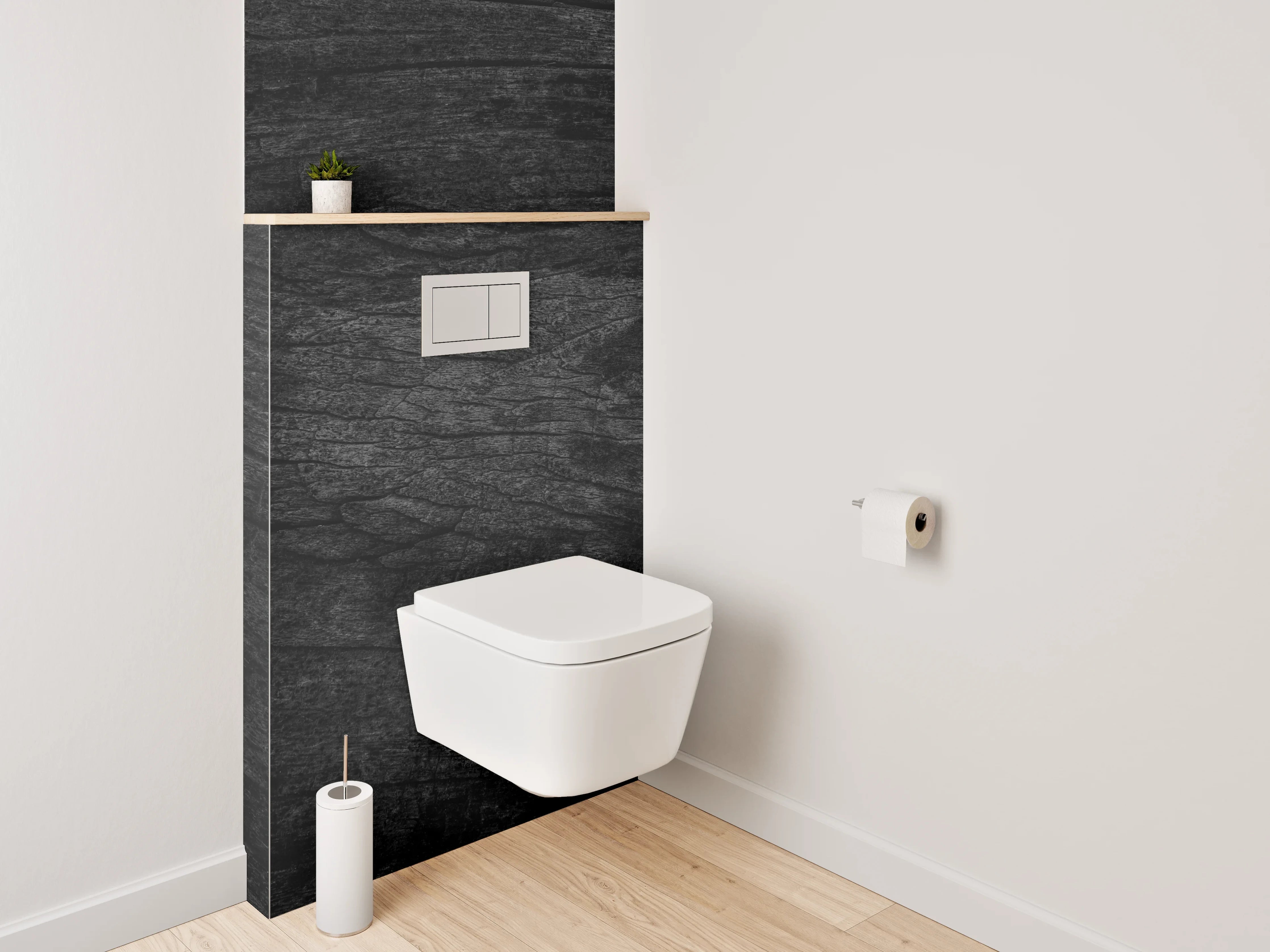 WC-Rückwand - Graue Holzmaserung im weißen Licht
