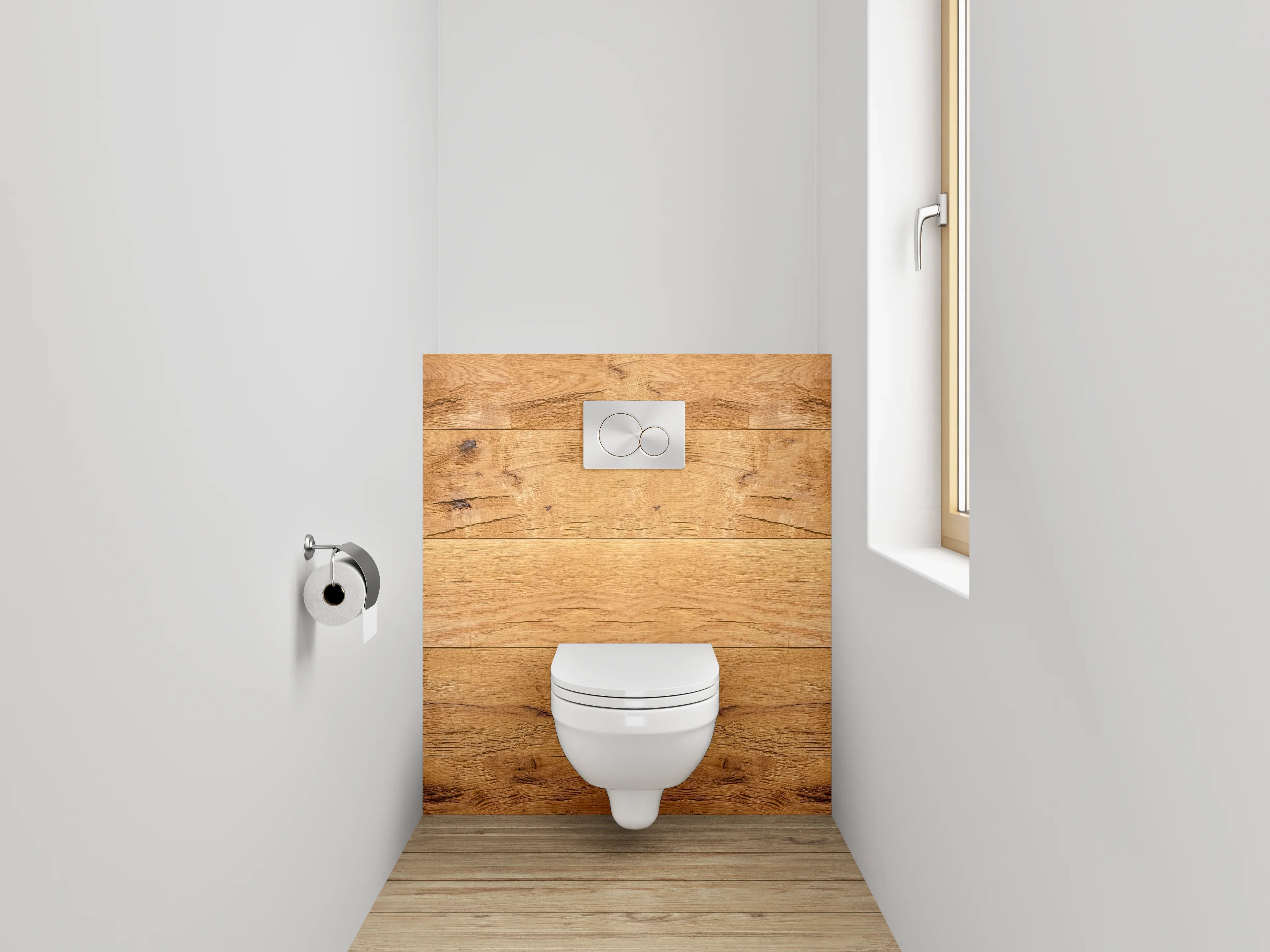 WC-Rückwand - Graue Holzmaserung in Weiß