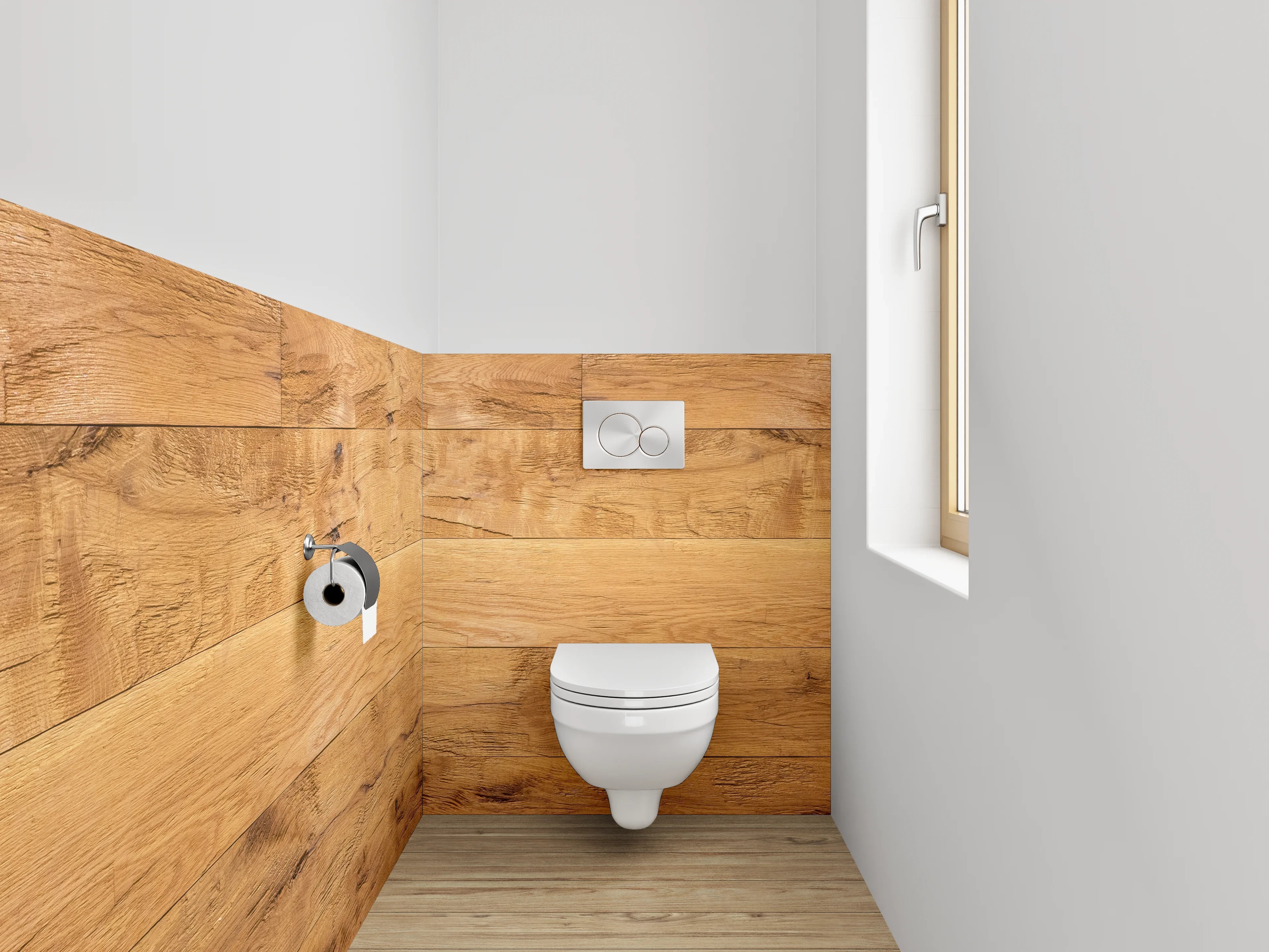 WC-Rückwand - Graue Holzmaserung in Weiß